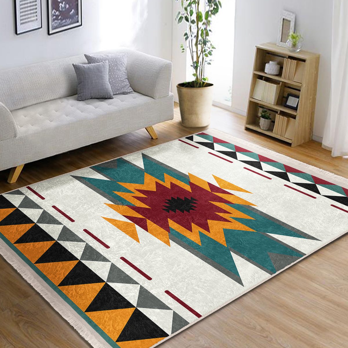 Krem Zeminde Geleneksel Motifli Kilim Desenli Etnik Motifler Geometrik Salon & Oturma Odası Dış Mekan & Outdoor Dijital Baskılı Makinede Yıkanabilir Kaymaz Taban Saçaklı Halı Realhomes