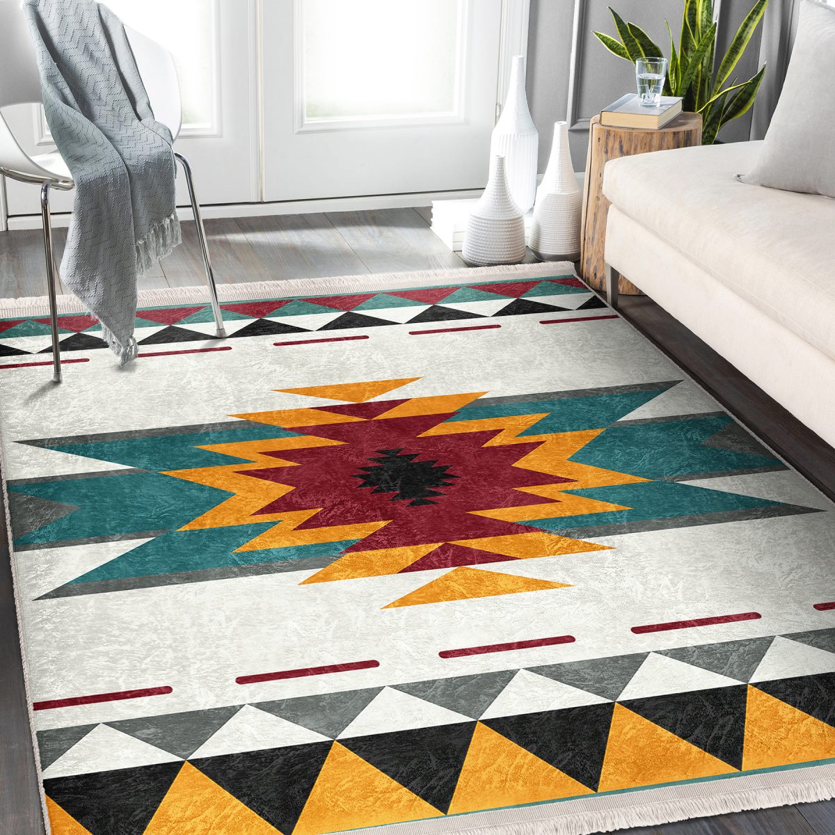 Krem Zeminde Geleneksel Motifli Kilim Desenli Etnik Motifler Geometrik Salon & Oturma Odası Dış Mekan & Outdoor Dijital Baskılı Makinede Yıkanabilir Kaymaz Taban Saçaklı Halı Realhomes