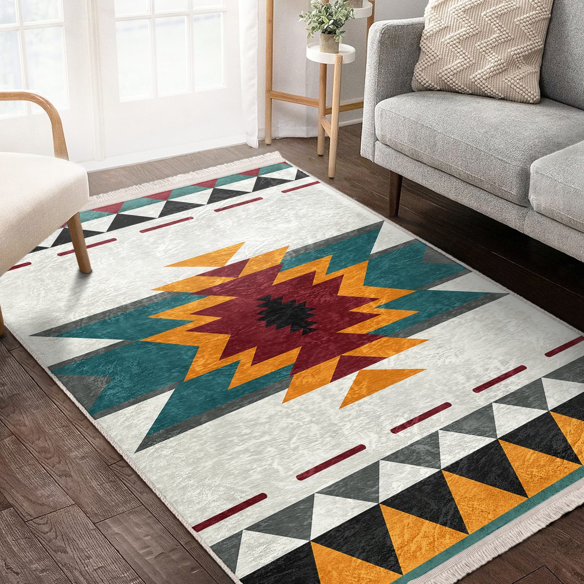 Krem Zeminde Geleneksel Motifli Kilim Desenli Etnik Motifler Geometrik Salon & Oturma Odası Dış Mekan & Outdoor Dijital Baskılı Makinede Yıkanabilir Kaymaz Taban Saçaklı Halı Realhomes