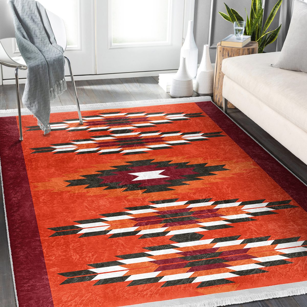 Kırmızı Zeminde Geleneksel Motifli Kilim Desenli Geometrik Vintage Koridor & Antre Salon & Oturma Odası Dijital Baskılı Makinede Yıkanabilir Kaymaz Taban Saçaklı Halı Realhomes