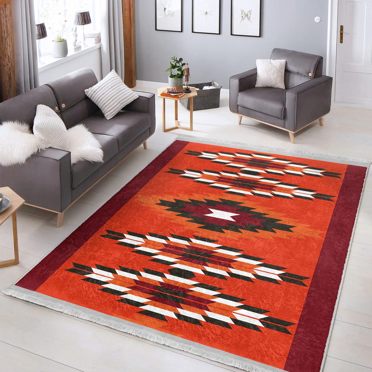 Kırmızı Zeminde Geleneksel Motifli Kilim Desenli Geometrik Vintage Koridor & Antre Salon & Oturma Odası Dijital Baskılı Makinede Yıkanabilir Kaymaz Taban Saçaklı Halı Realhomes