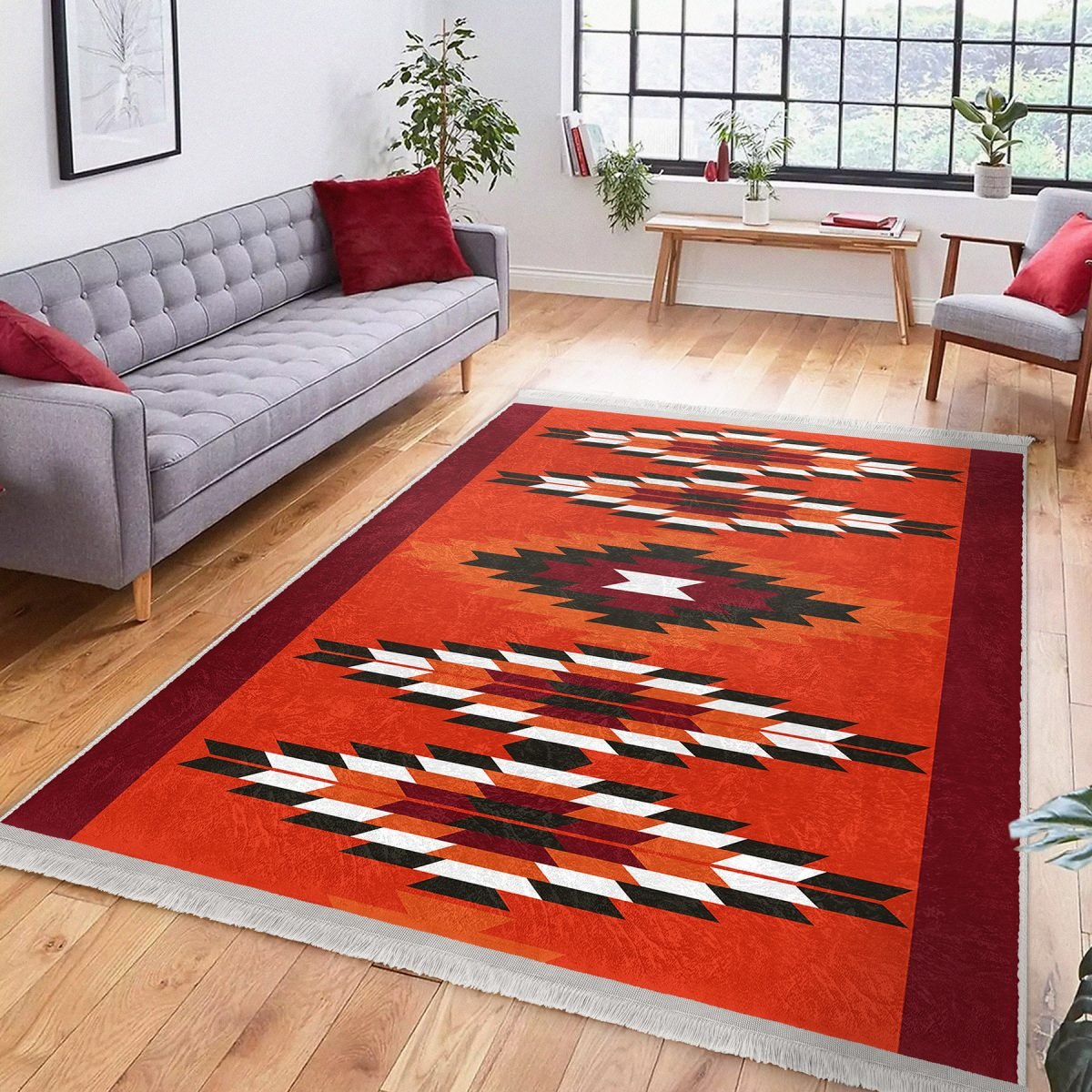 Kırmızı Zeminde Geleneksel Motifli Kilim Desenli Geometrik Vintage Koridor & Antre Salon & Oturma Odası Dijital Baskılı Makinede Yıkanabilir Kaymaz Taban Saçaklı Halı Realhomes