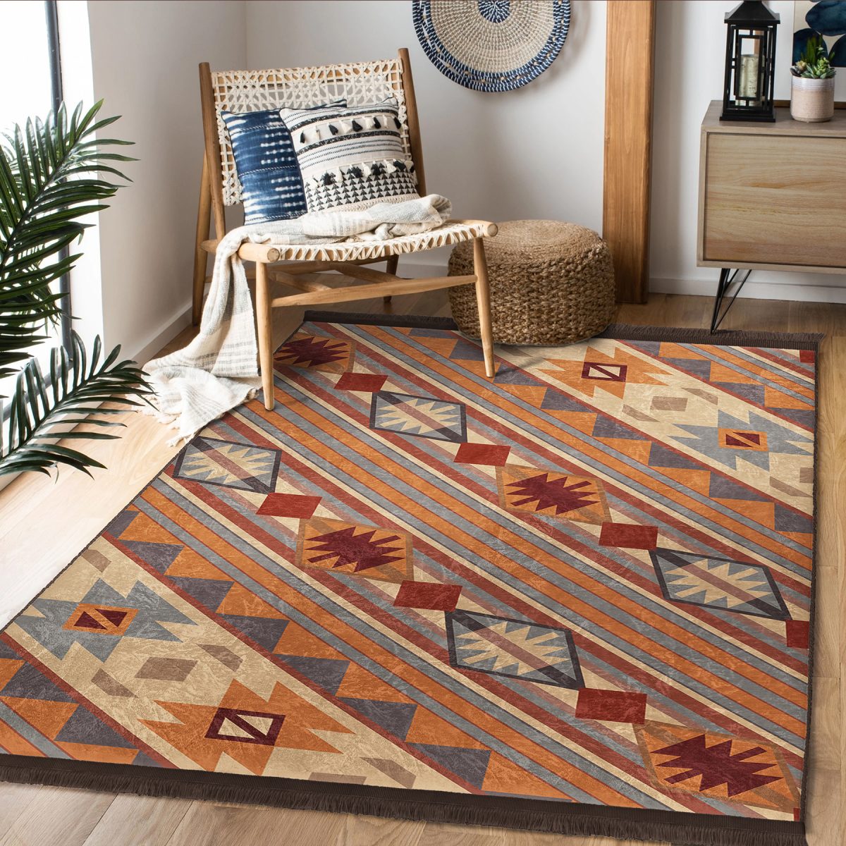 Etnik Zeminde Retro Motifli Kilim Desenli Vintage Etnik Motifler Dış Mekan & Outdoor Salon & Oturma Odası Dijital Baskılı Makinede Yıkanabilir Kaymaz Taban Saçaklı Halı Realhomes