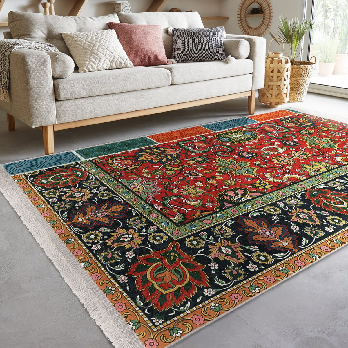 Antika Zeminde Etnik Motifli Kilim Desenli Etnik Motifler Avangarde Salon & Oturma Odası Dış Mekan & Outdoor Dijital Baskılı Makinede Yıkanabilir Kaymaz Taban Saçaklı Halı Realhomes