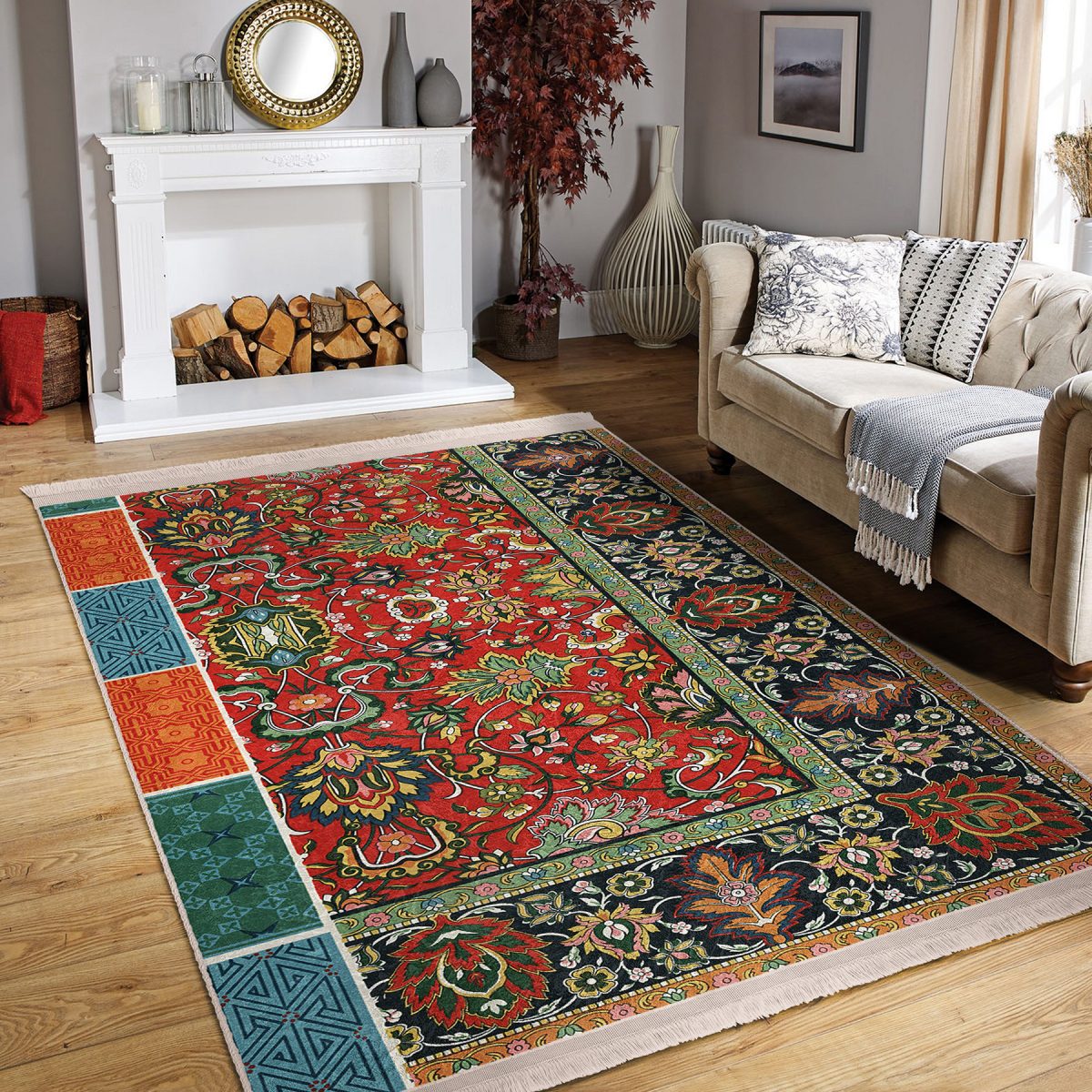 Antika Zeminde Etnik Motifli Kilim Desenli Etnik Motifler Avangarde Salon & Oturma Odası Dış Mekan & Outdoor Dijital Baskılı Makinede Yıkanabilir Kaymaz Taban Saçaklı Halı Realhomes