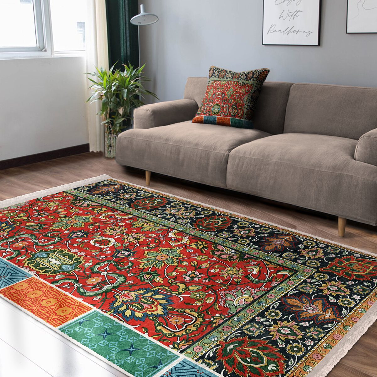 Antika Zeminde Etnik Motifli Kilim Desenli Etnik Motifler Avangarde Salon & Oturma Odası Dış Mekan & Outdoor Dijital Baskılı Makinede Yıkanabilir Kaymaz Taban Saçaklı Halı Realhomes