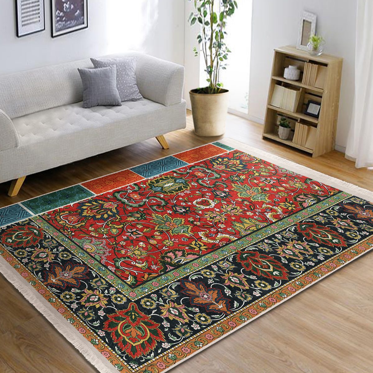 Antika Zeminde Etnik Motifli Kilim Desenli Etnik Motifler Avangarde Salon & Oturma Odası Dış Mekan & Outdoor Dijital Baskılı Makinede Yıkanabilir Kaymaz Taban Saçaklı Halı Realhomes