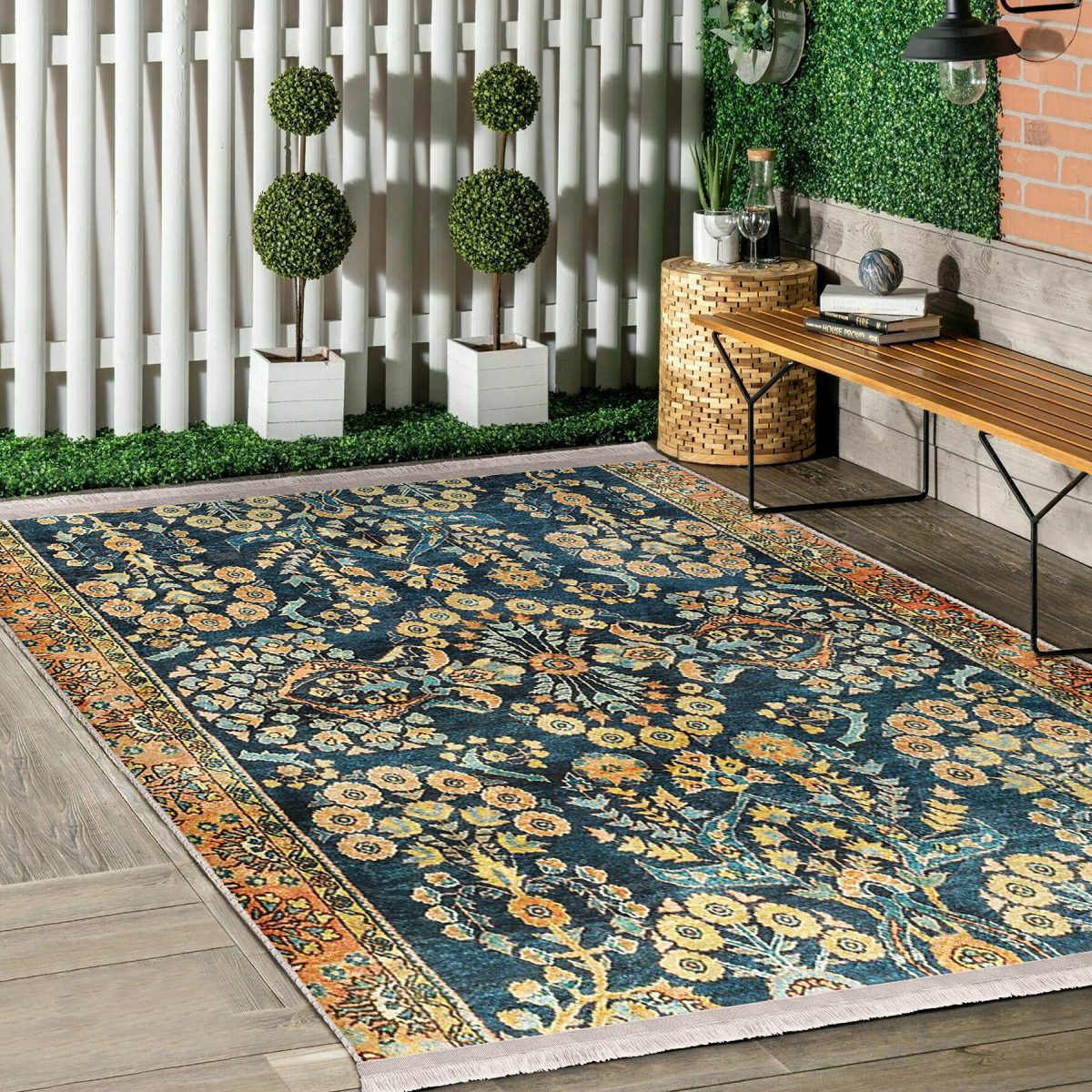 Mavi Zeminde Kilim Motifli Geometrik Desenli Vintage Avangarde Dış Mekan & Outdoor Salon & Oturma Odası Dijital Baskılı Makinede Yıkanabilir Kaymaz Taban Saçaklı Halı Realhomes