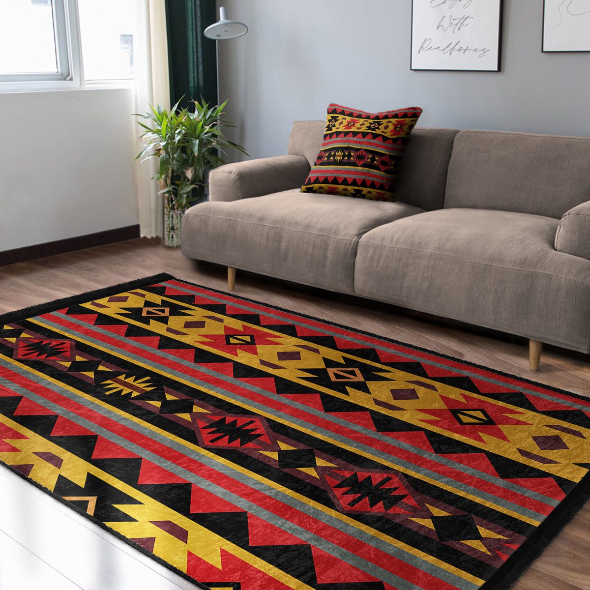 Siyah Zeminde Geometrik Motifli Kilim Desenli Etnik Motifler Vintage Salon & Oturma Odası Dış Mekan & Outdoor Dijital Baskılı Makinede Yıkanabilir Kaymaz Taban Saçaklı Halı Realhomes