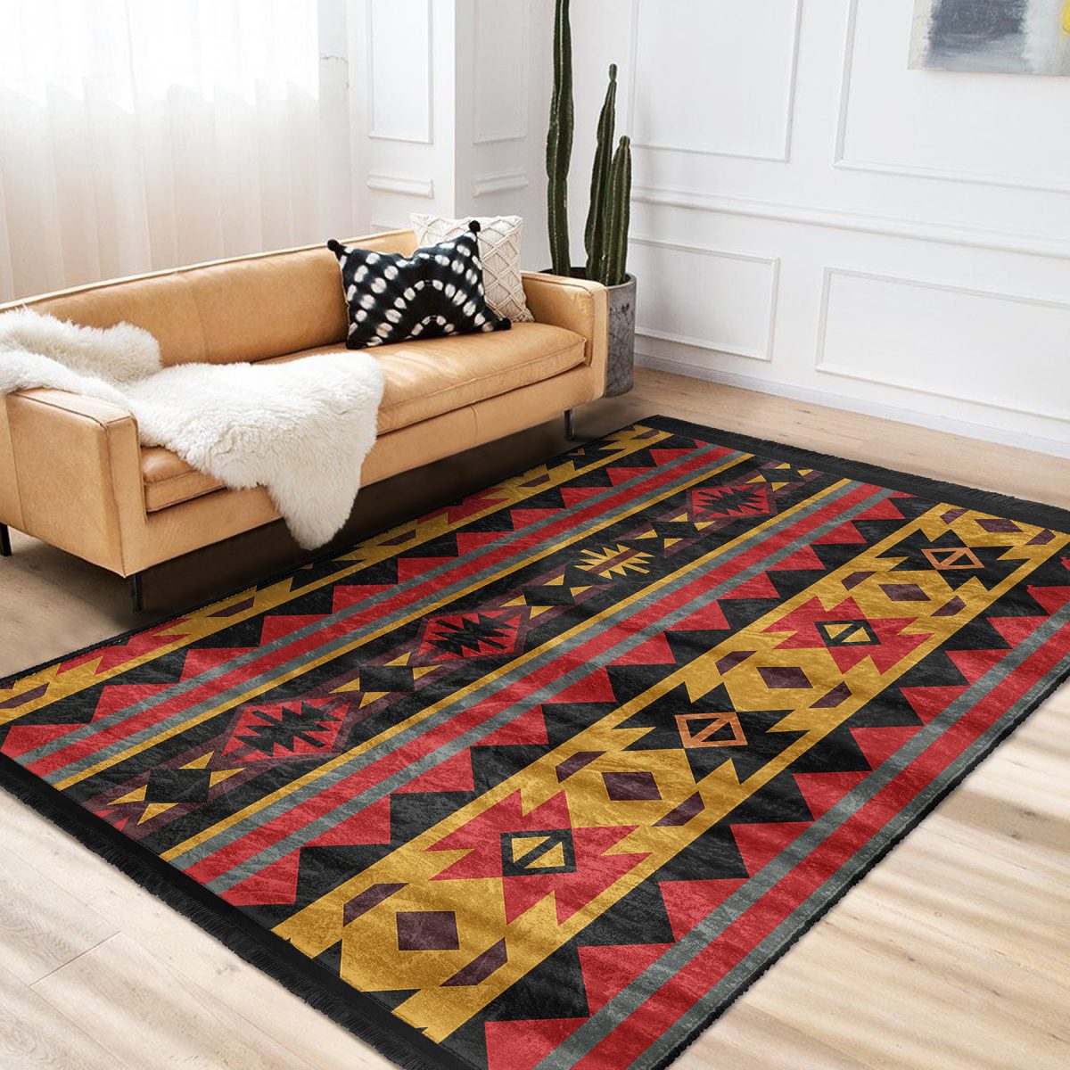 Siyah Zeminde Geometrik Motifli Kilim Desenli Etnik Motifler Vintage Salon & Oturma Odası Dış Mekan & Outdoor Dijital Baskılı Makinede Yıkanabilir Kaymaz Taban Saçaklı Halı Realhomes