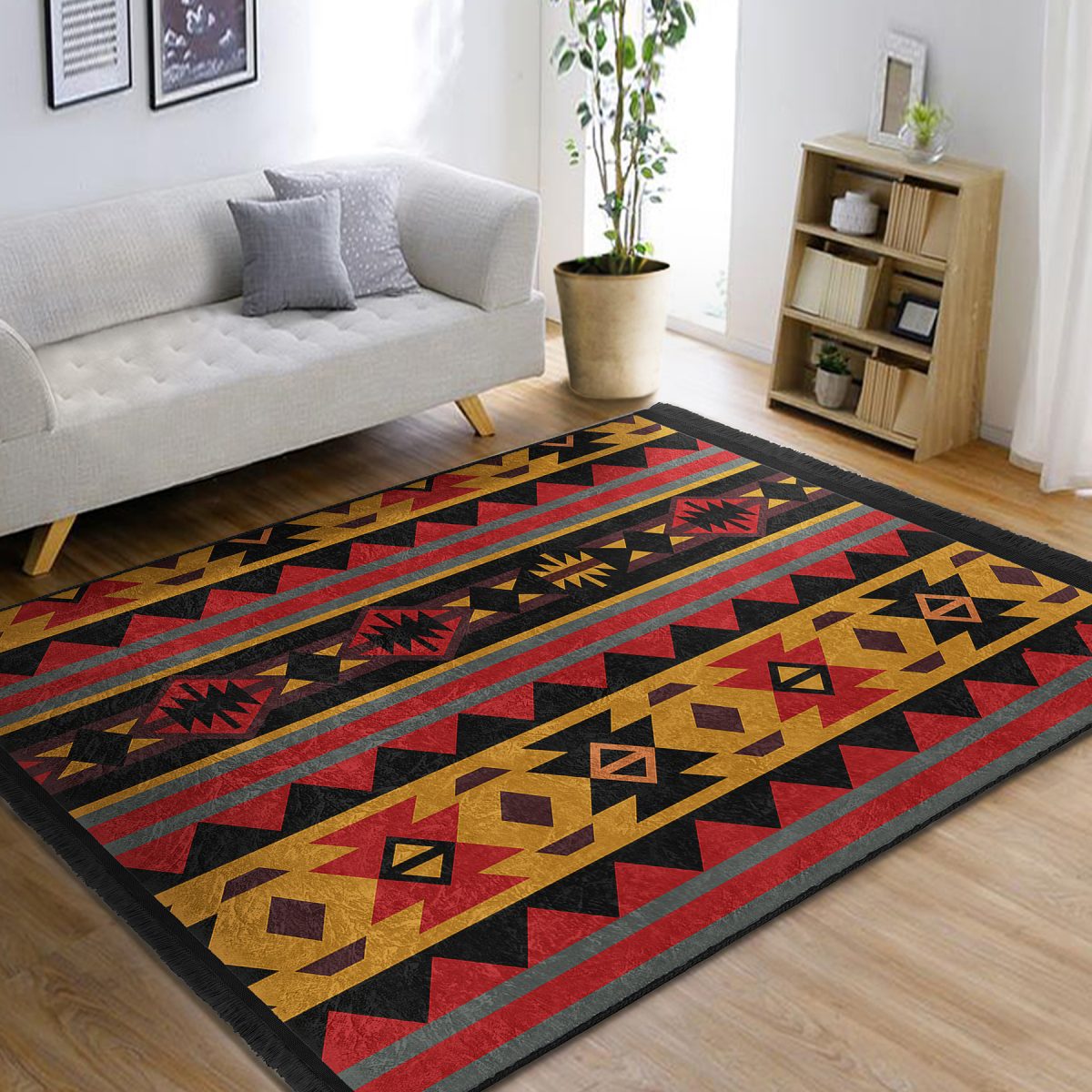 Siyah Zeminde Geometrik Motifli Kilim Desenli Etnik Motifler Vintage Salon & Oturma Odası Dış Mekan & Outdoor Dijital Baskılı Makinede Yıkanabilir Kaymaz Taban Saçaklı Halı Realhomes