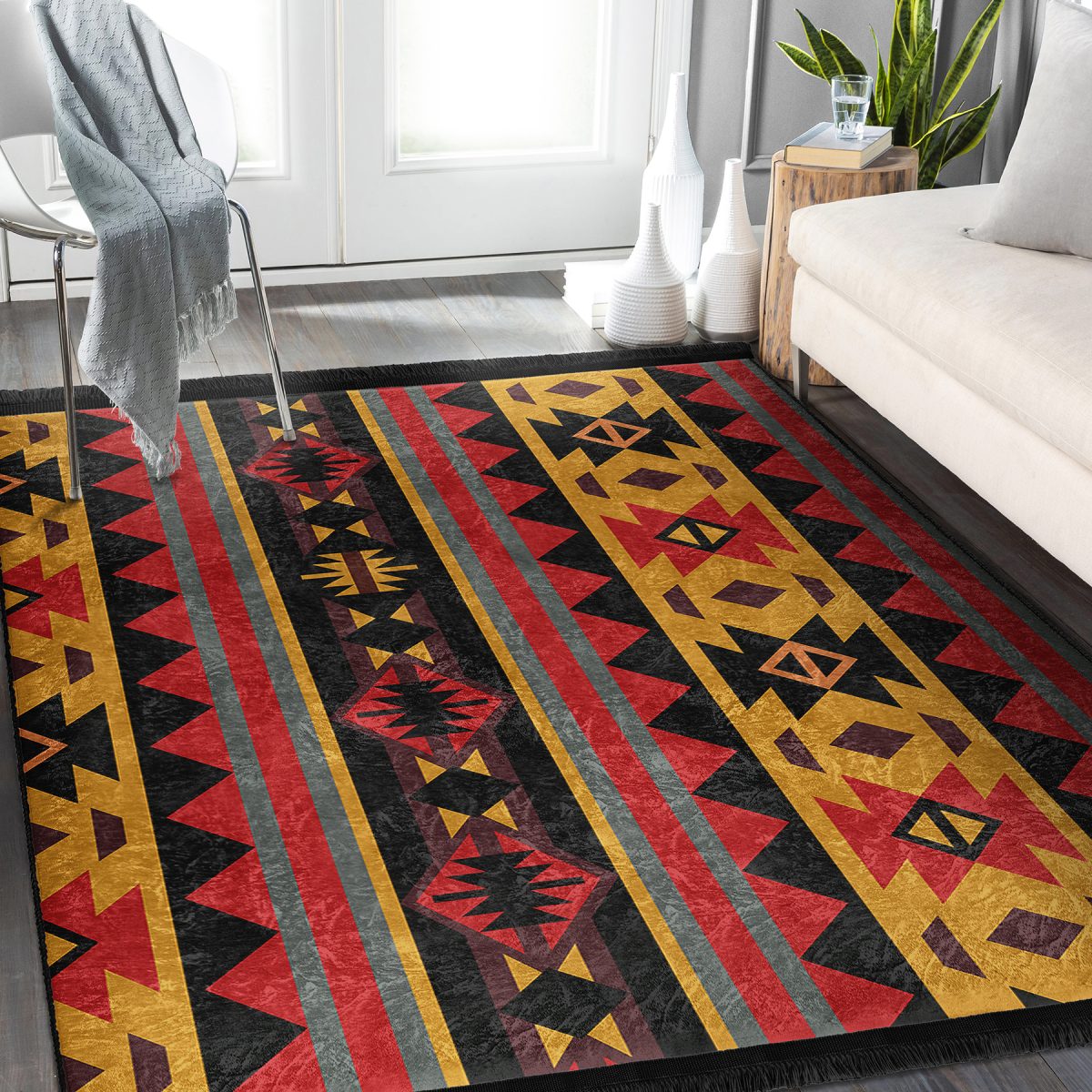 Siyah Zeminde Geometrik Motifli Kilim Desenli Etnik Motifler Vintage Salon & Oturma Odası Dış Mekan & Outdoor Dijital Baskılı Makinede Yıkanabilir Kaymaz Taban Saçaklı Halı Realhomes