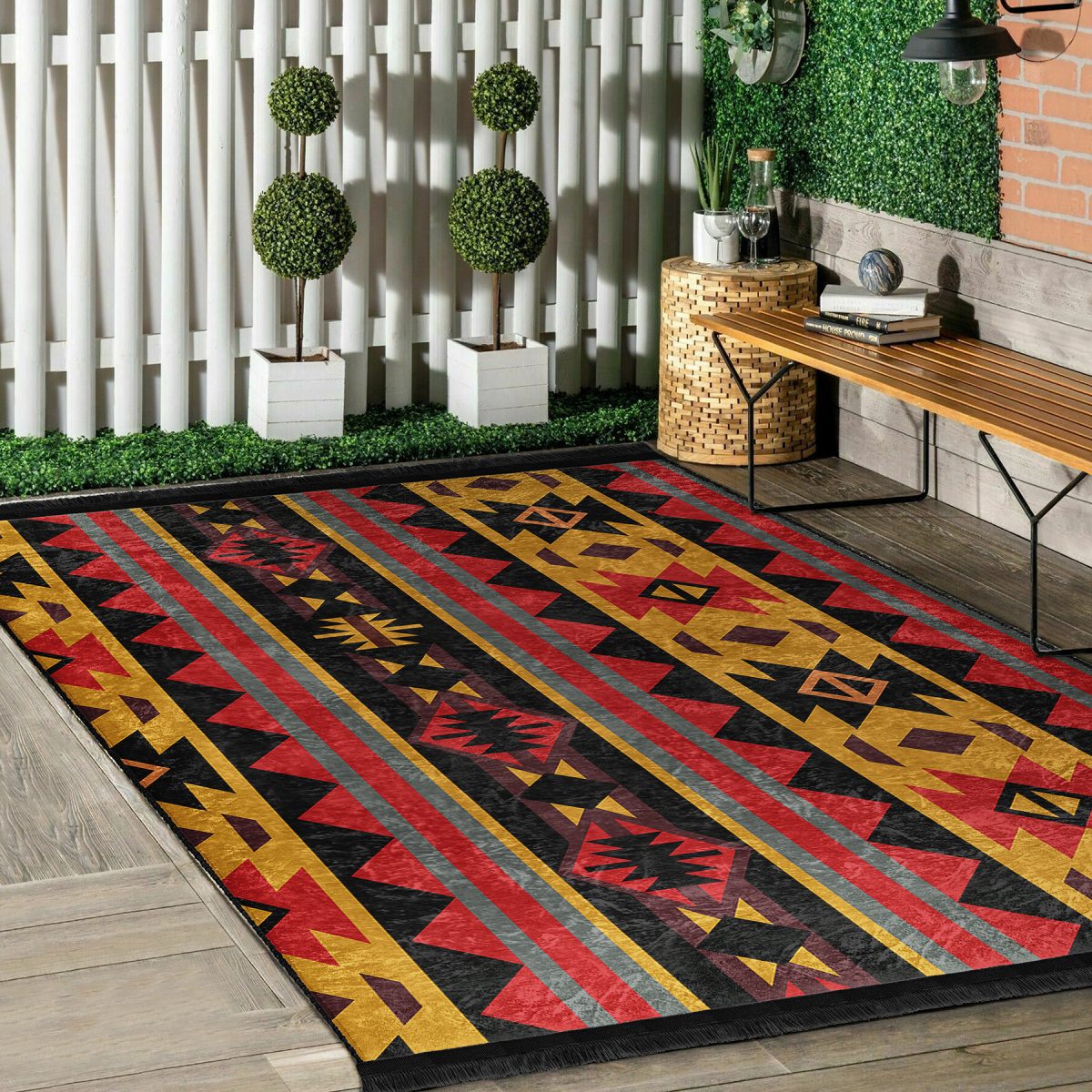 Siyah Zeminde Geometrik Motifli Kilim Desenli Etnik Motifler Vintage Salon & Oturma Odası Dış Mekan & Outdoor Dijital Baskılı Makinede Yıkanabilir Kaymaz Taban Saçaklı Halı Realhomes