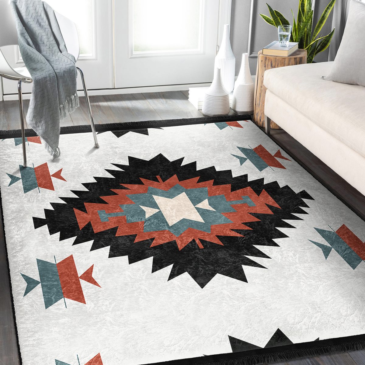 Siyah Zeminde Retro Motifli Kilim Desenli Geometrik Klasik Salon & Oturma Odası Koridor & Antre Dijital Baskılı Makinede Yıkanabilir Kaymaz Taban Saçaklı Halı Realhomes