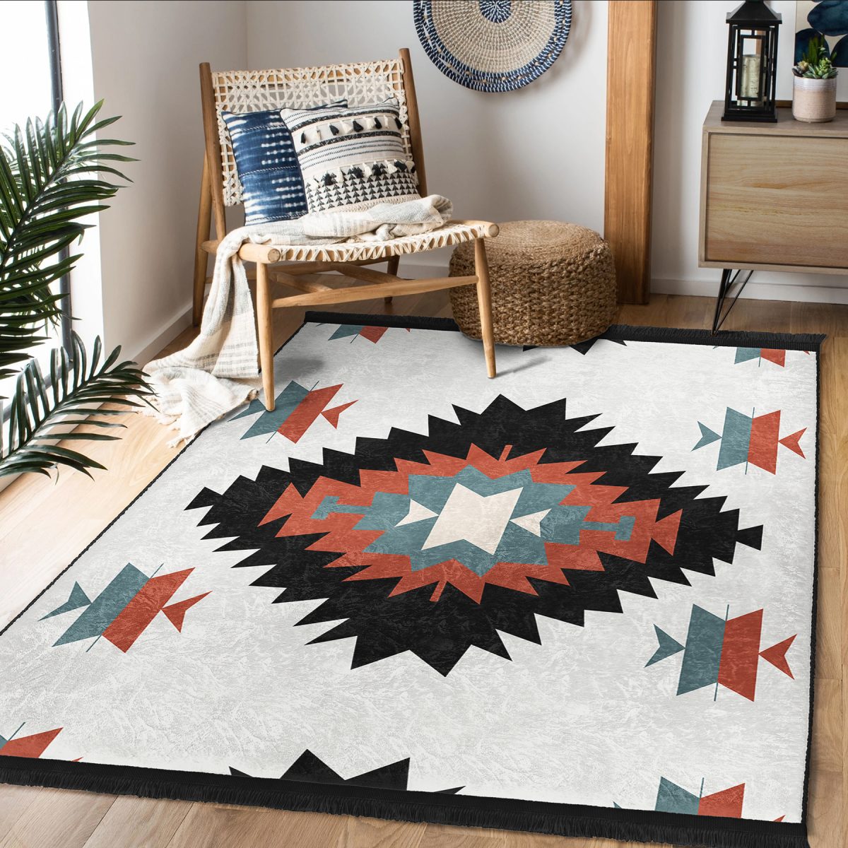 Siyah Zeminde Retro Motifli Kilim Desenli Geometrik Klasik Salon & Oturma Odası Koridor & Antre Dijital Baskılı Makinede Yıkanabilir Kaymaz Taban Saçaklı Halı Realhomes