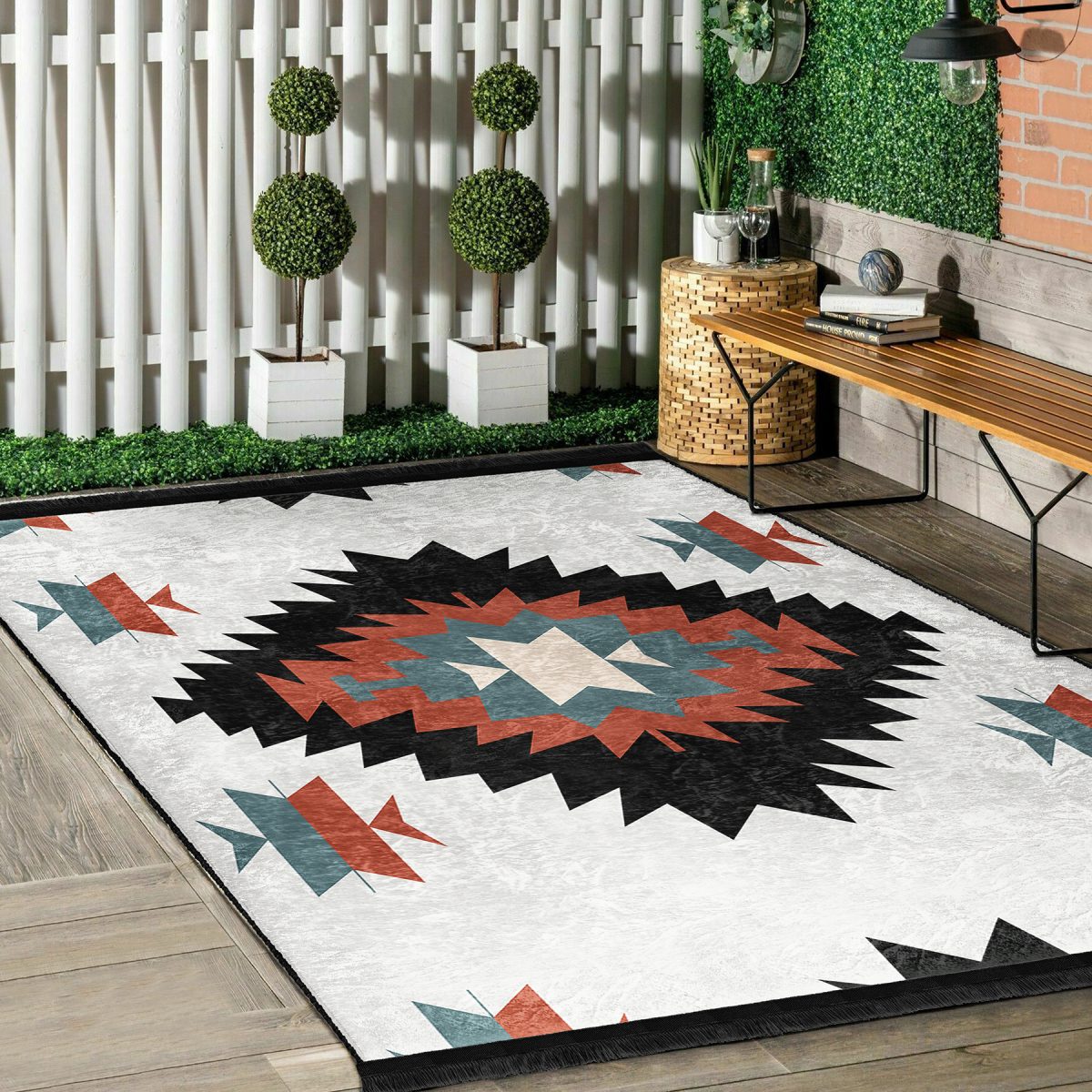 Siyah Zeminde Retro Motifli Kilim Desenli Geometrik Klasik Salon & Oturma Odası Koridor & Antre Dijital Baskılı Makinede Yıkanabilir Kaymaz Taban Saçaklı Halı Realhomes