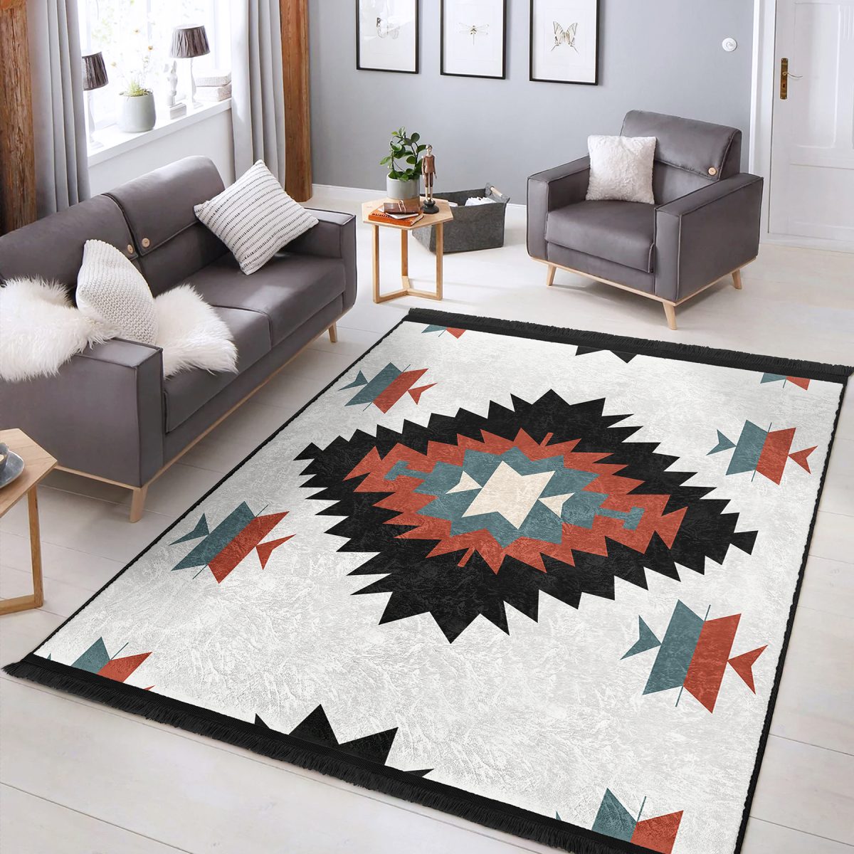 Siyah Zeminde Retro Motifli Kilim Desenli Geometrik Klasik Salon & Oturma Odası Koridor & Antre Dijital Baskılı Makinede Yıkanabilir Kaymaz Taban Saçaklı Halı Realhomes