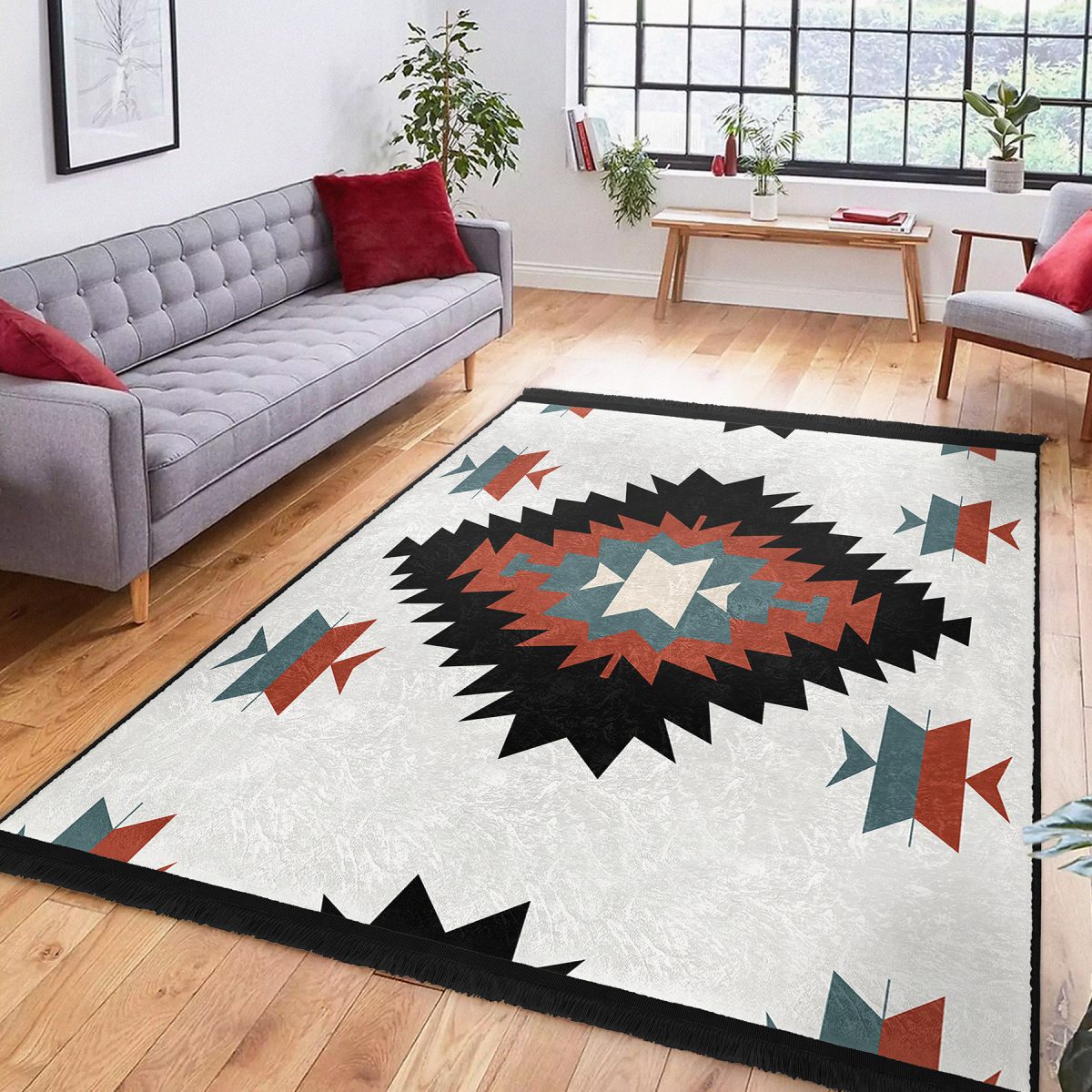 Siyah Zeminde Retro Motifli Kilim Desenli Geometrik Klasik Salon & Oturma Odası Koridor & Antre Dijital Baskılı Makinede Yıkanabilir Kaymaz Taban Saçaklı Halı Realhomes