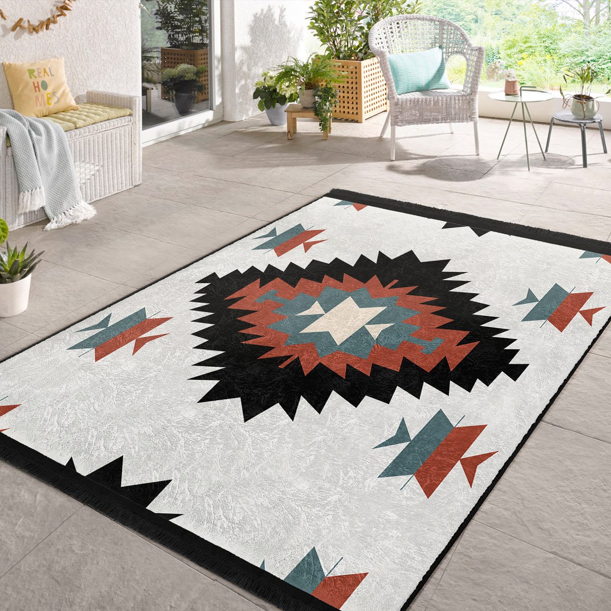 Siyah Zeminde Retro Motifli Kilim Desenli Geometrik Klasik Salon & Oturma Odası Koridor & Antre Dijital Baskılı Makinede Yıkanabilir Kaymaz Taban Saçaklı Halı Realhomes