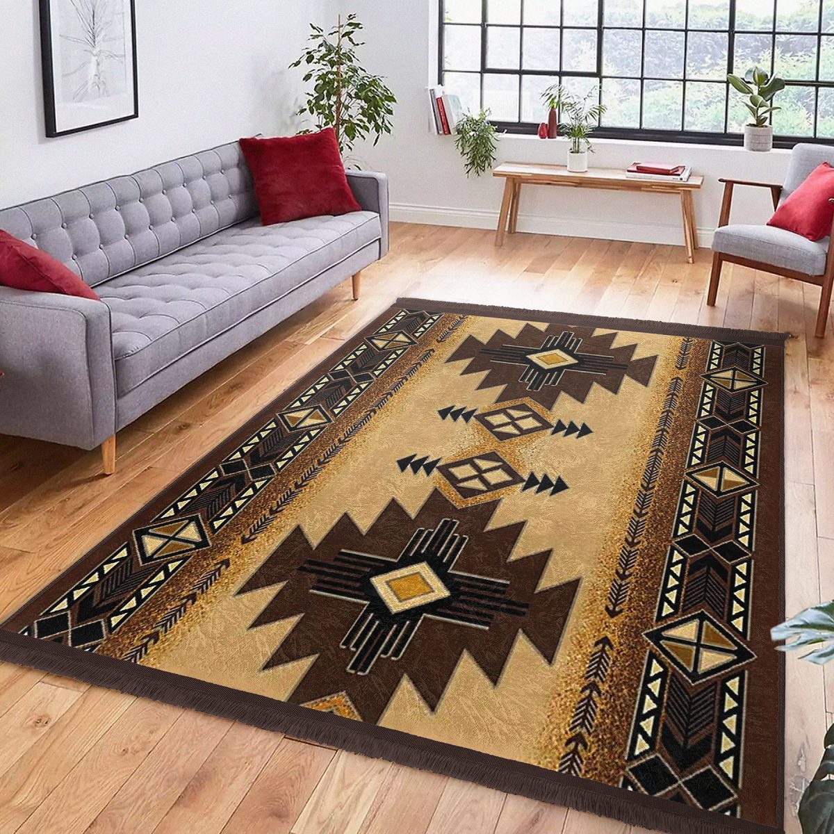 Kahverengi Zeminde Geometrik Motifli Kilim Desenli Vintage Etnik Motifler Koridor & Antre Salon & Oturma Odası Dijital Baskılı Makinede Yıkanabilir Kaymaz Taban Saçaklı Halı Realhomes