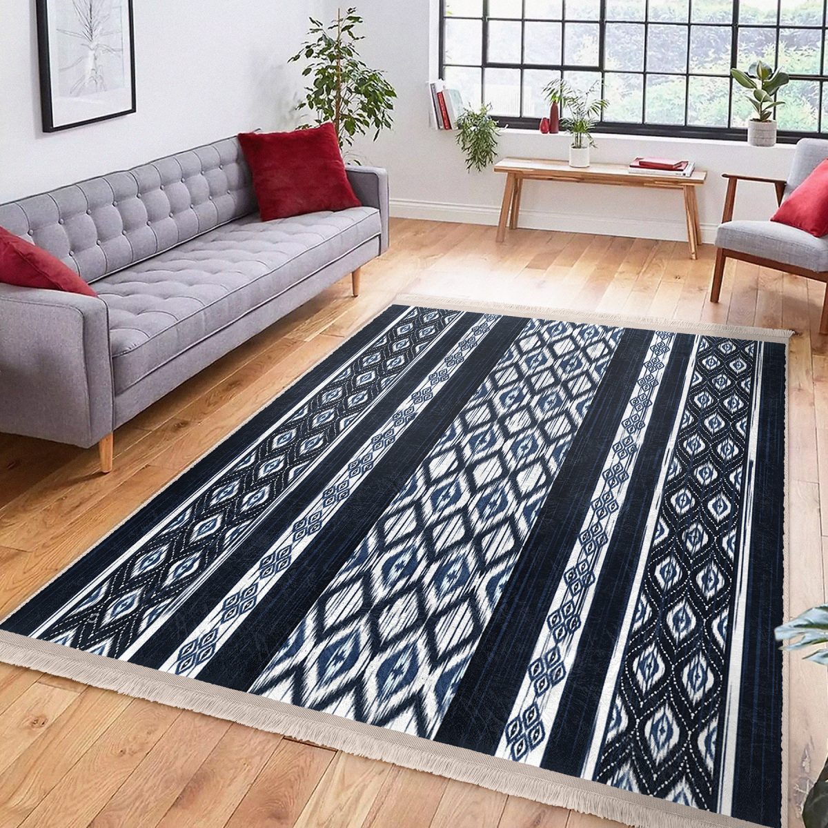 Lacivert Zeminde Etnik Motifli Kilim Desenli Vintage Etnik Motifler Koridor & Antre Ofis Dijital Baskılı Makinede Yıkanabilir Kaymaz Taban Saçaklı Halı Realhomes