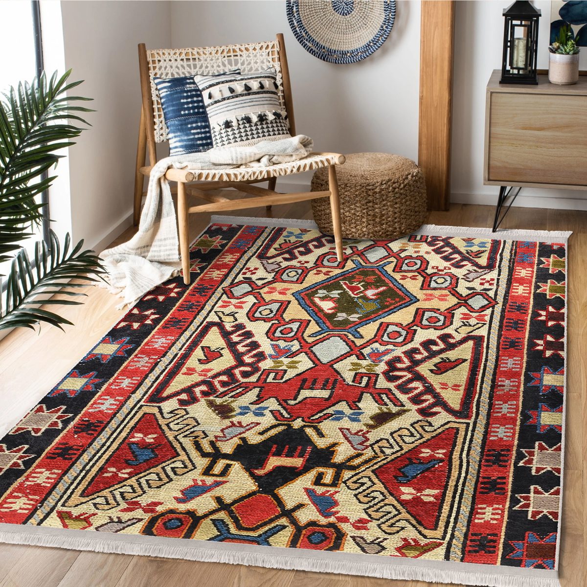 Kırmızı Zeminde Türkmen Motifli Kilim Desenli Avangarde Vintage Koridor & Antre Dış Mekan & Outdoor Dijital Baskılı Makinede Yıkanabilir Kaymaz Taban Saçaklı Halı Realhomes