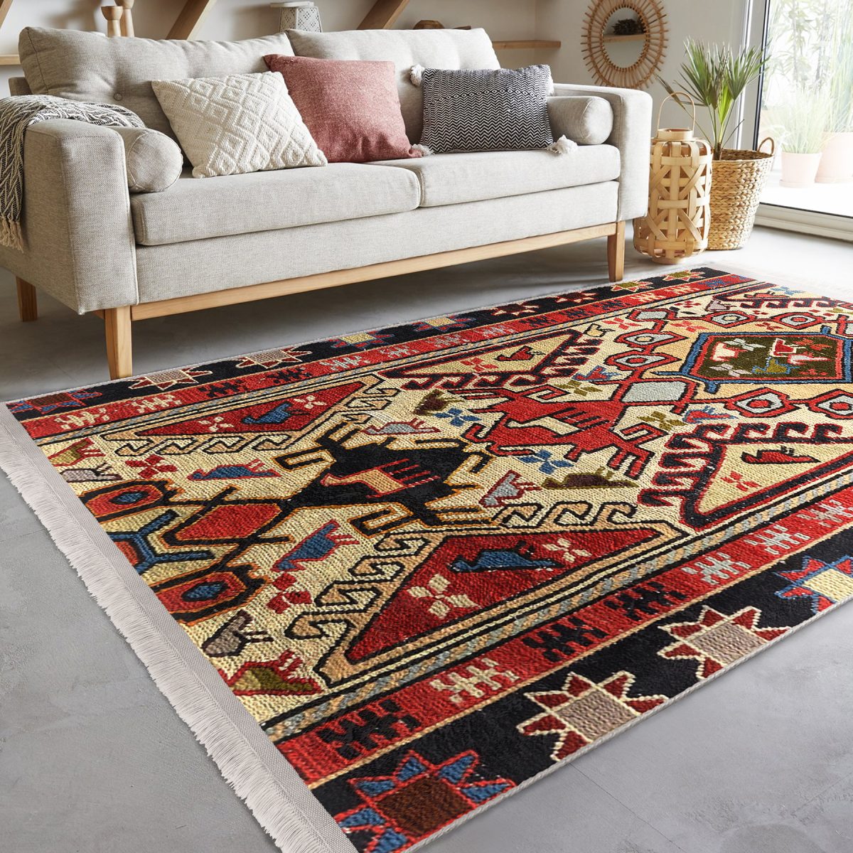 Kırmızı Zeminde Türkmen Motifli Kilim Desenli Avangarde Vintage Koridor & Antre Dış Mekan & Outdoor Dijital Baskılı Makinede Yıkanabilir Kaymaz Taban Saçaklı Halı Realhomes