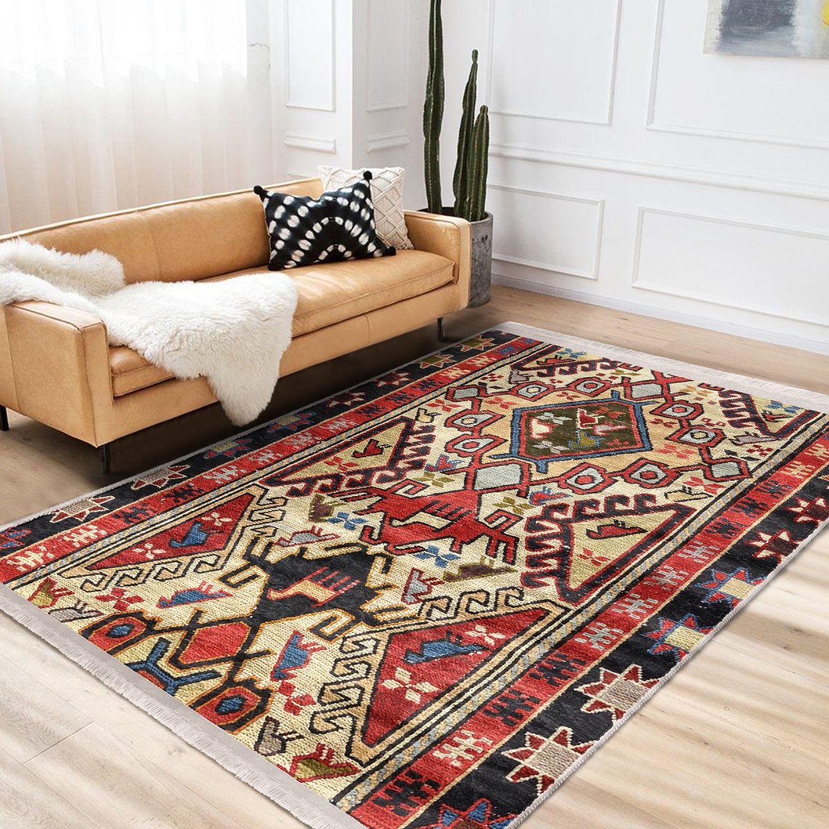 Kırmızı Zeminde Türkmen Motifli Kilim Desenli Avangarde Vintage Koridor & Antre Dış Mekan & Outdoor Dijital Baskılı Makinede Yıkanabilir Kaymaz Taban Saçaklı Halı Realhomes