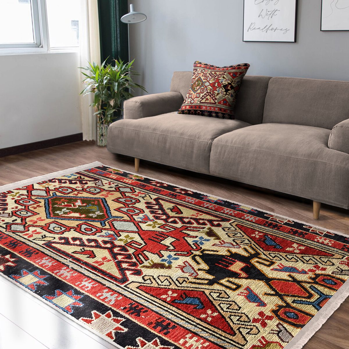 Kırmızı Zeminde Türkmen Motifli Kilim Desenli Avangarde Vintage Koridor & Antre Dış Mekan & Outdoor Dijital Baskılı Makinede Yıkanabilir Kaymaz Taban Saçaklı Halı Realhomes