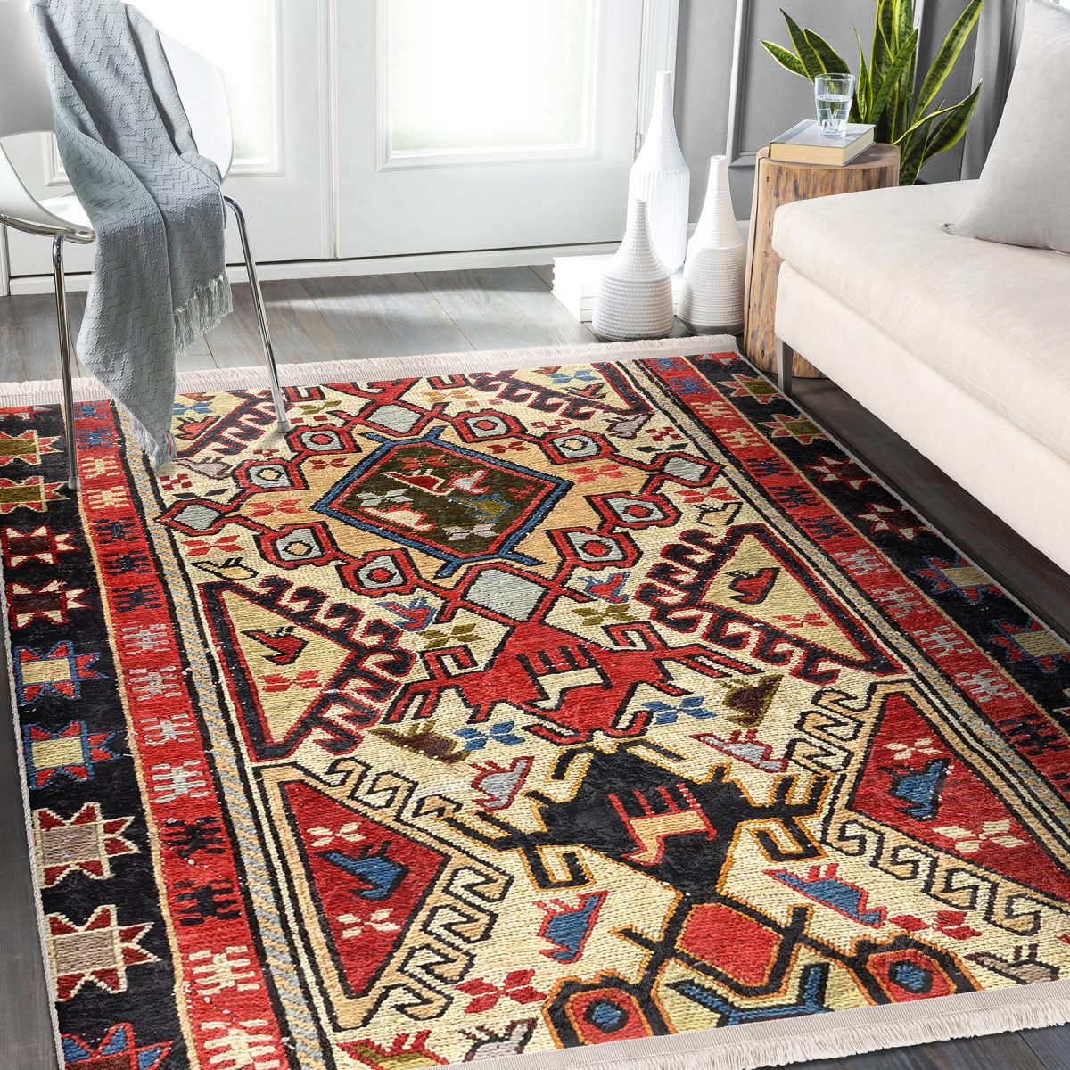 Kırmızı Zeminde Türkmen Motifli Kilim Desenli Avangarde Vintage Koridor & Antre Dış Mekan & Outdoor Dijital Baskılı Makinede Yıkanabilir Kaymaz Taban Saçaklı Halı Realhomes