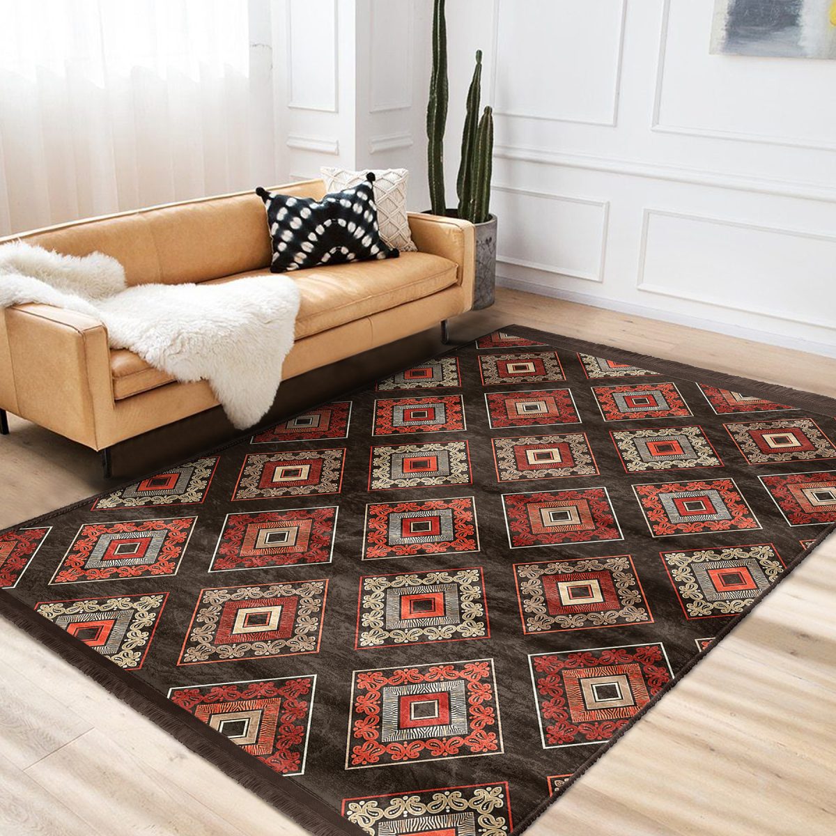 Kahverengi Zeminde Geleneksel Motifli Kilim Desenli Geometrik Etnik Motifler Koridor & Antre Dış Mekan & Outdoor Dijital Baskılı Makinede Yıkanabilir Kaymaz Taban Saçaklı Halı Realhomes