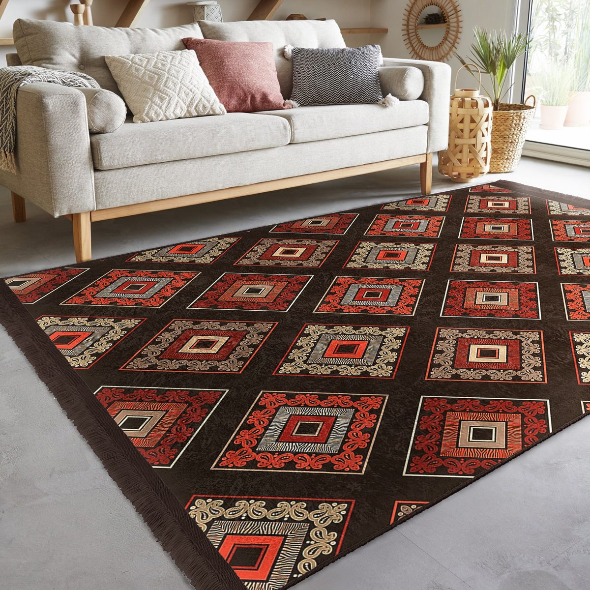 Kahverengi Zeminde Geleneksel Motifli Kilim Desenli Geometrik Etnik Motifler Koridor & Antre Dış Mekan & Outdoor Dijital Baskılı Makinede Yıkanabilir Kaymaz Taban Saçaklı Halı Realhomes