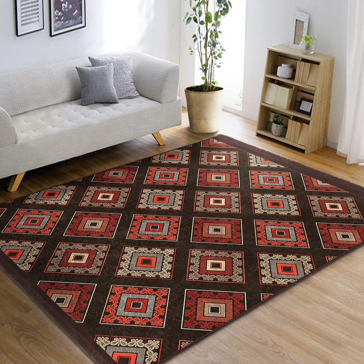 Kahverengi Zeminde Geleneksel Motifli Kilim Desenli Geometrik Etnik Motifler Koridor & Antre Dış Mekan & Outdoor Dijital Baskılı Makinede Yıkanabilir Kaymaz Taban Saçaklı Halı Realhomes