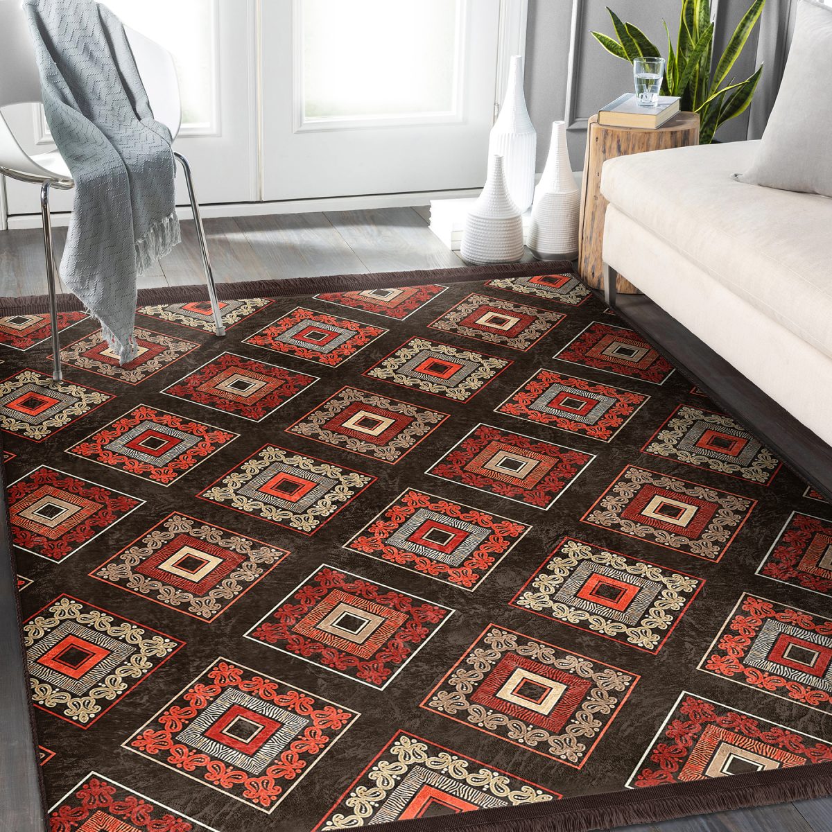 Kahverengi Zeminde Geleneksel Motifli Kilim Desenli Geometrik Etnik Motifler Koridor & Antre Dış Mekan & Outdoor Dijital Baskılı Makinede Yıkanabilir Kaymaz Taban Saçaklı Halı Realhomes