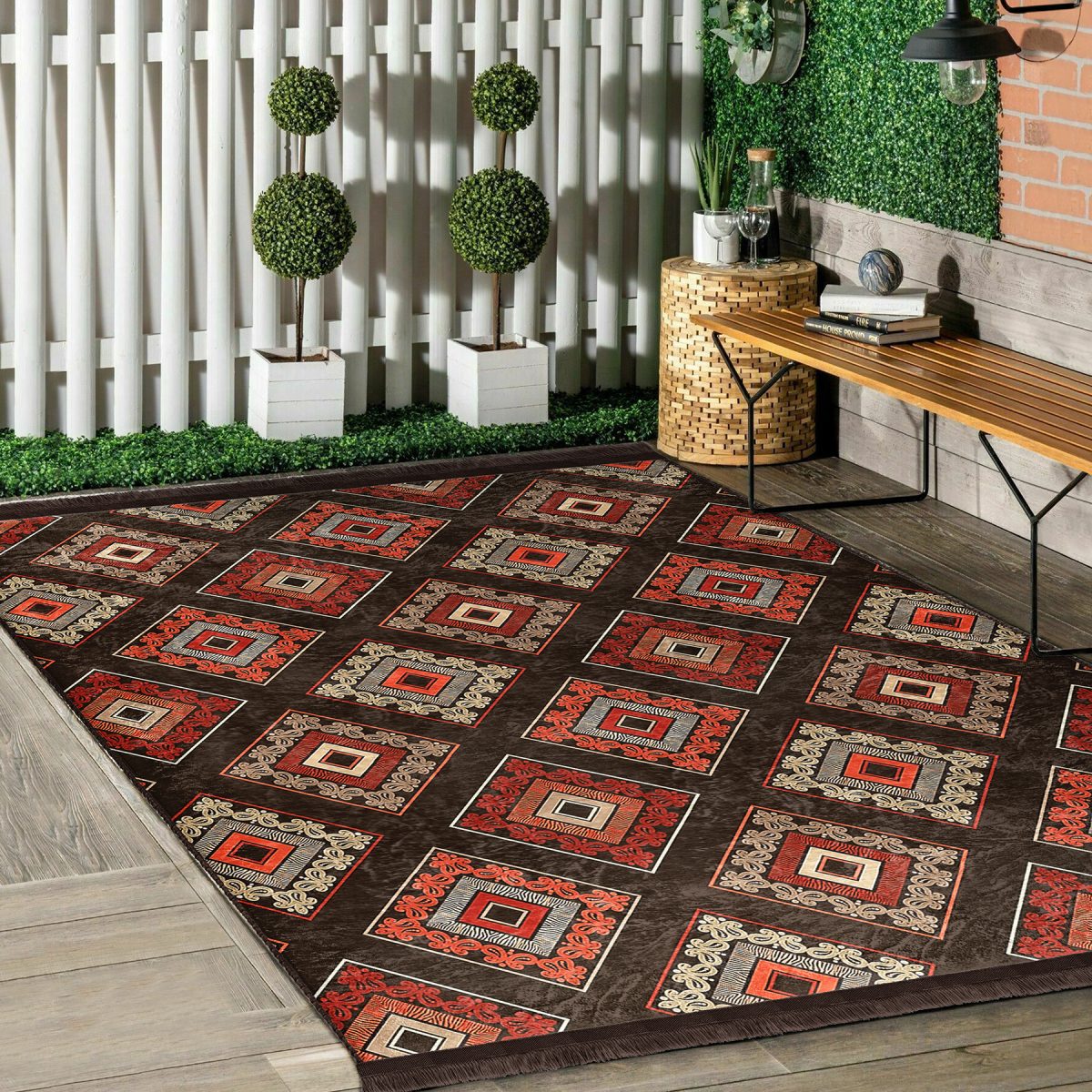 Kahverengi Zeminde Geleneksel Motifli Kilim Desenli Geometrik Etnik Motifler Koridor & Antre Dış Mekan & Outdoor Dijital Baskılı Makinede Yıkanabilir Kaymaz Taban Saçaklı Halı Realhomes