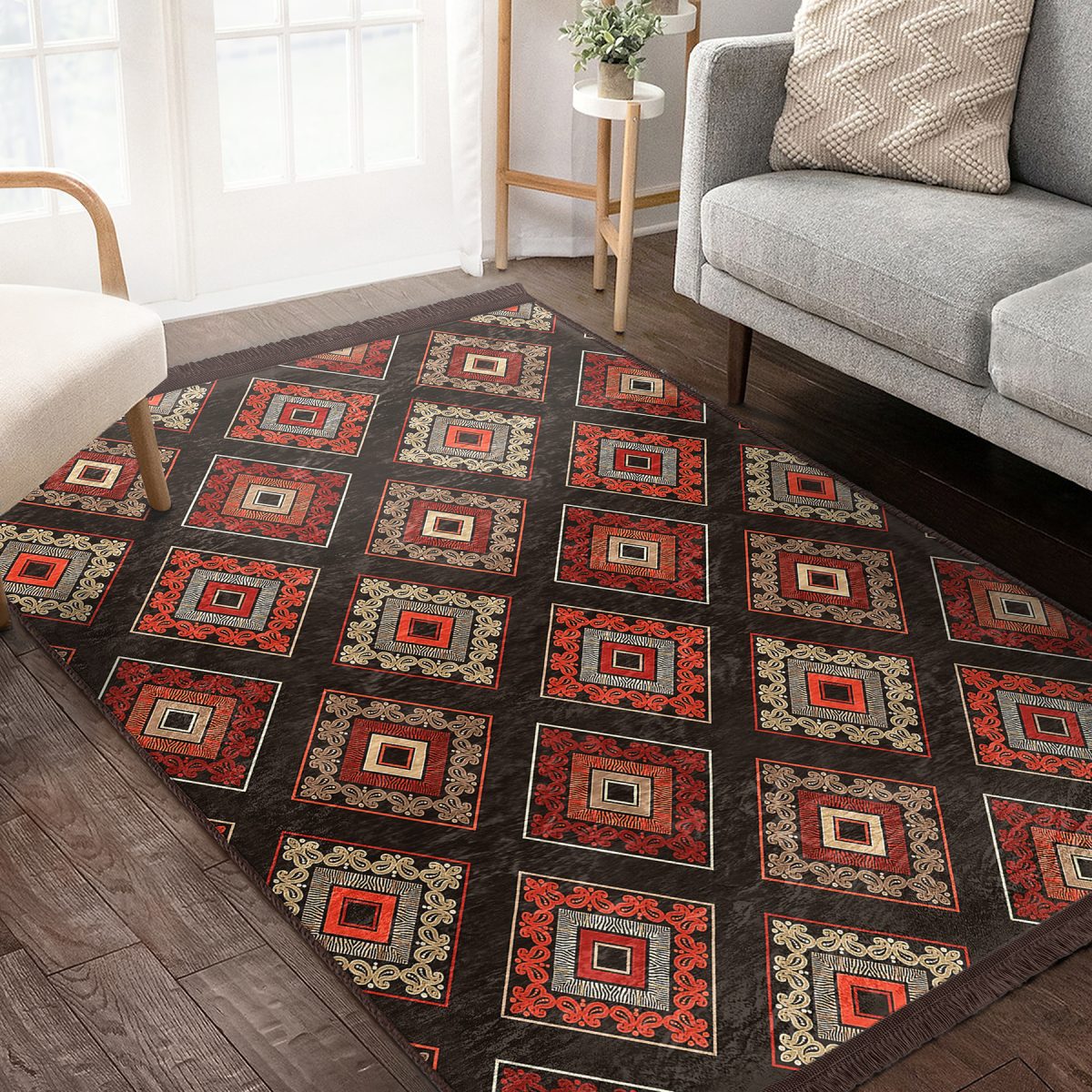 Kahverengi Zeminde Geleneksel Motifli Kilim Desenli Geometrik Etnik Motifler Koridor & Antre Dış Mekan & Outdoor Dijital Baskılı Makinede Yıkanabilir Kaymaz Taban Saçaklı Halı Realhomes