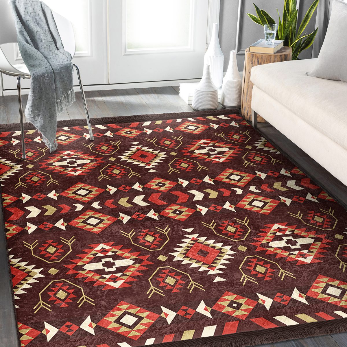 Kahverengi Zeminde Etnik Motifli Kilim Desenli Vintage Etnik Motifler Salon & Oturma Odası Yatak Odası Dijital Baskılı Makinede Yıkanabilir Kaymaz Taban Saçaklı Halı Realhomes