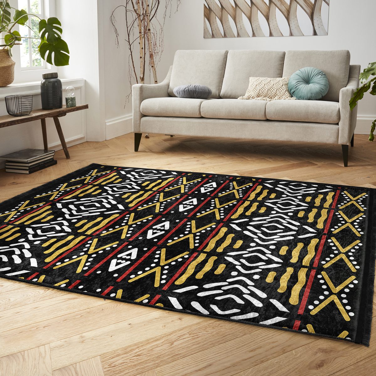 Siyah Zeminde Etnik Motifli Geometrik Desenli Geometrik Vintage Salon & Oturma Odası Yatak Odası Dijital Baskılı Makinede Yıkanabilir Kaymaz Taban Saçaklı Halı Realhomes