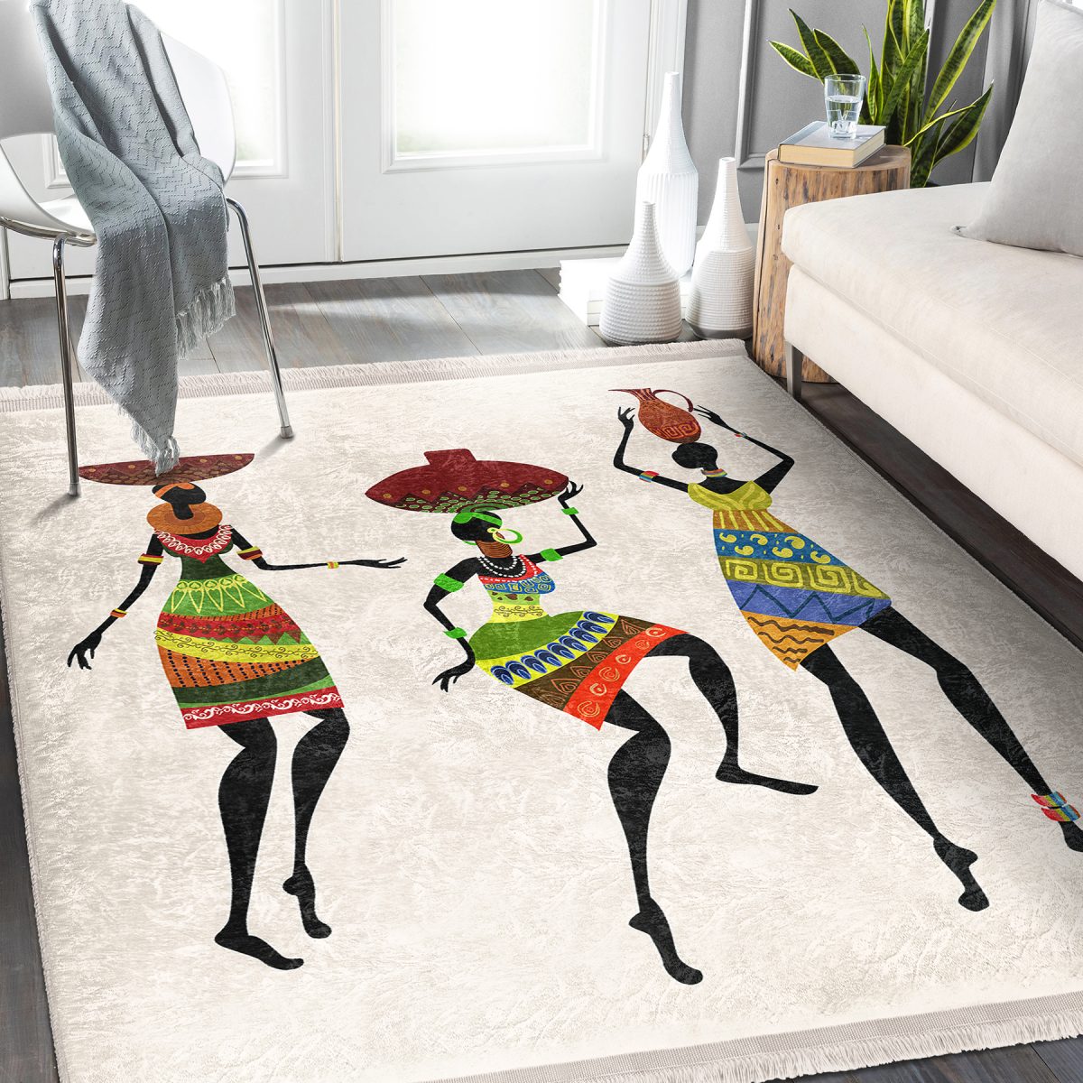 Beyaz Zeminde Afrika Kadın Motifli Etnik Desenli Etnik Motifler Klasik Dış Mekan & Outdoor Balkon Dijital Baskılı Makinede Yıkanabilir Kaymaz Taban Saçaklı Halı Realhomes