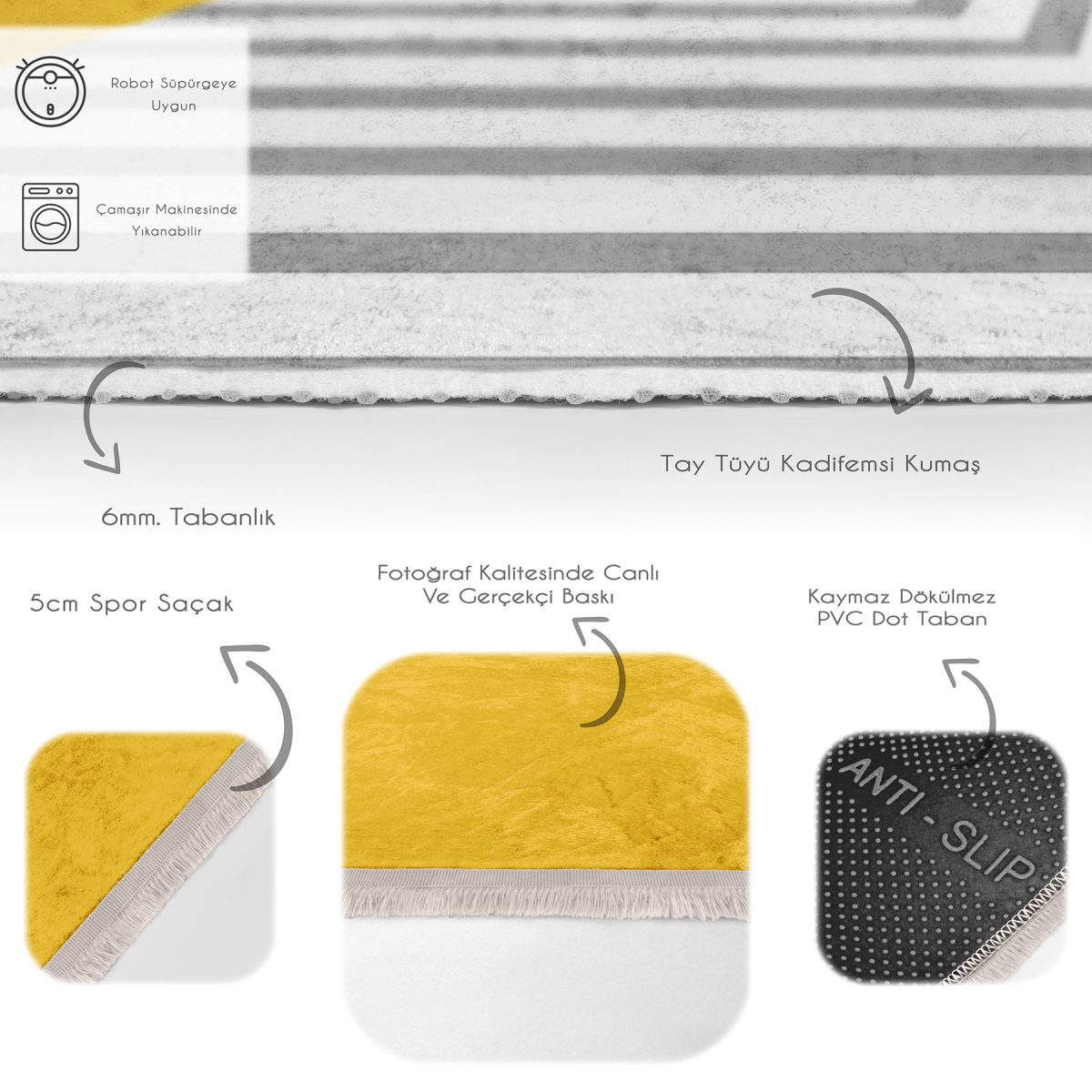 Sarı - Gri Zeminde Geometrik Motifli Çizgili Desenli Geometrik Sade & Şık Banyo Koridor & Antre Dijital Baskılı Makinede Yıkanabilir Kaymaz Taban Saçaklı Halı Realhomes