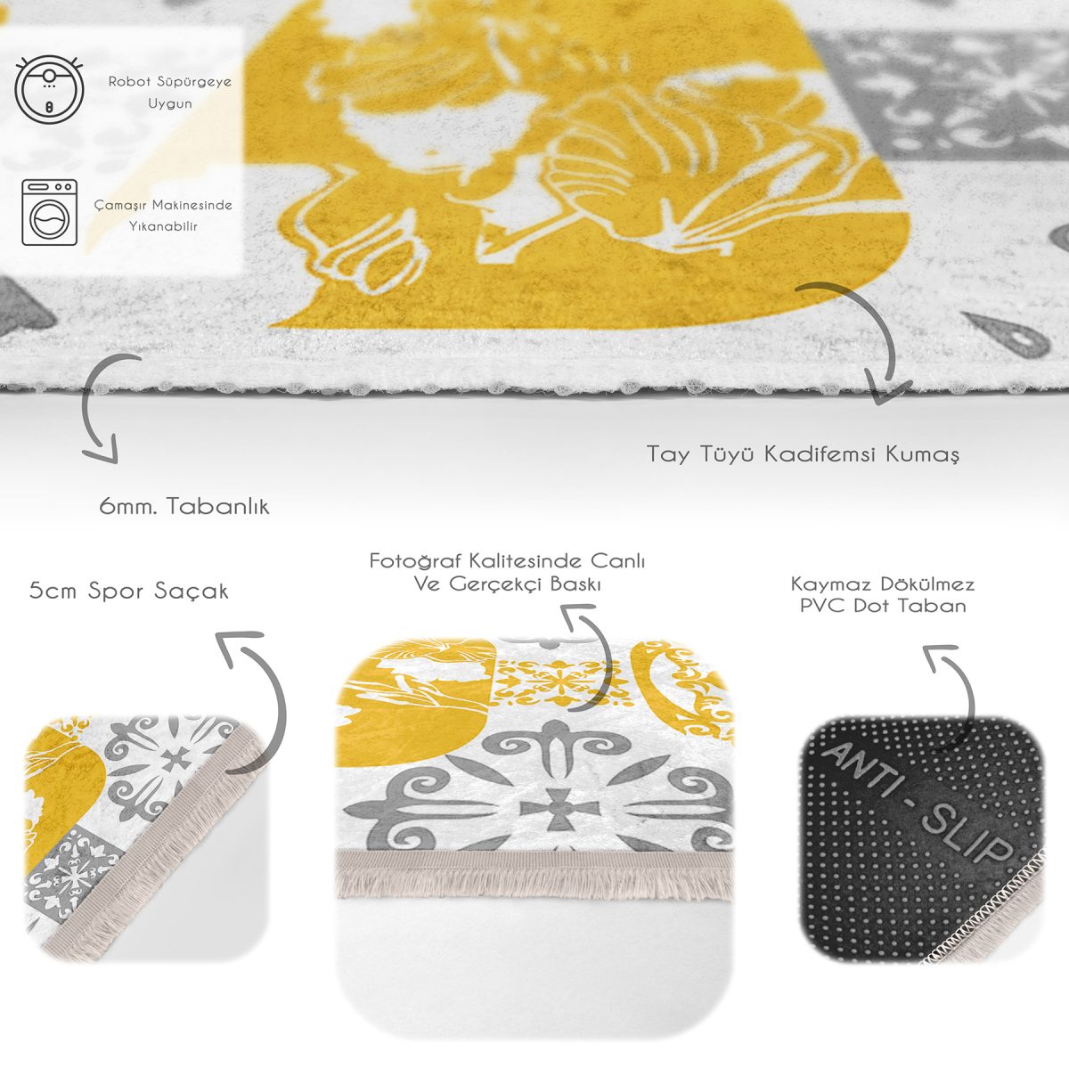 Sarı - Gri Zeminde Etnik Motifli Monogram Desenli Vintage Sade & Şık Banyo Mutfak Dijital Baskılı Makinede Yıkanabilir Kaymaz Taban Saçaklı Halı Realhomes