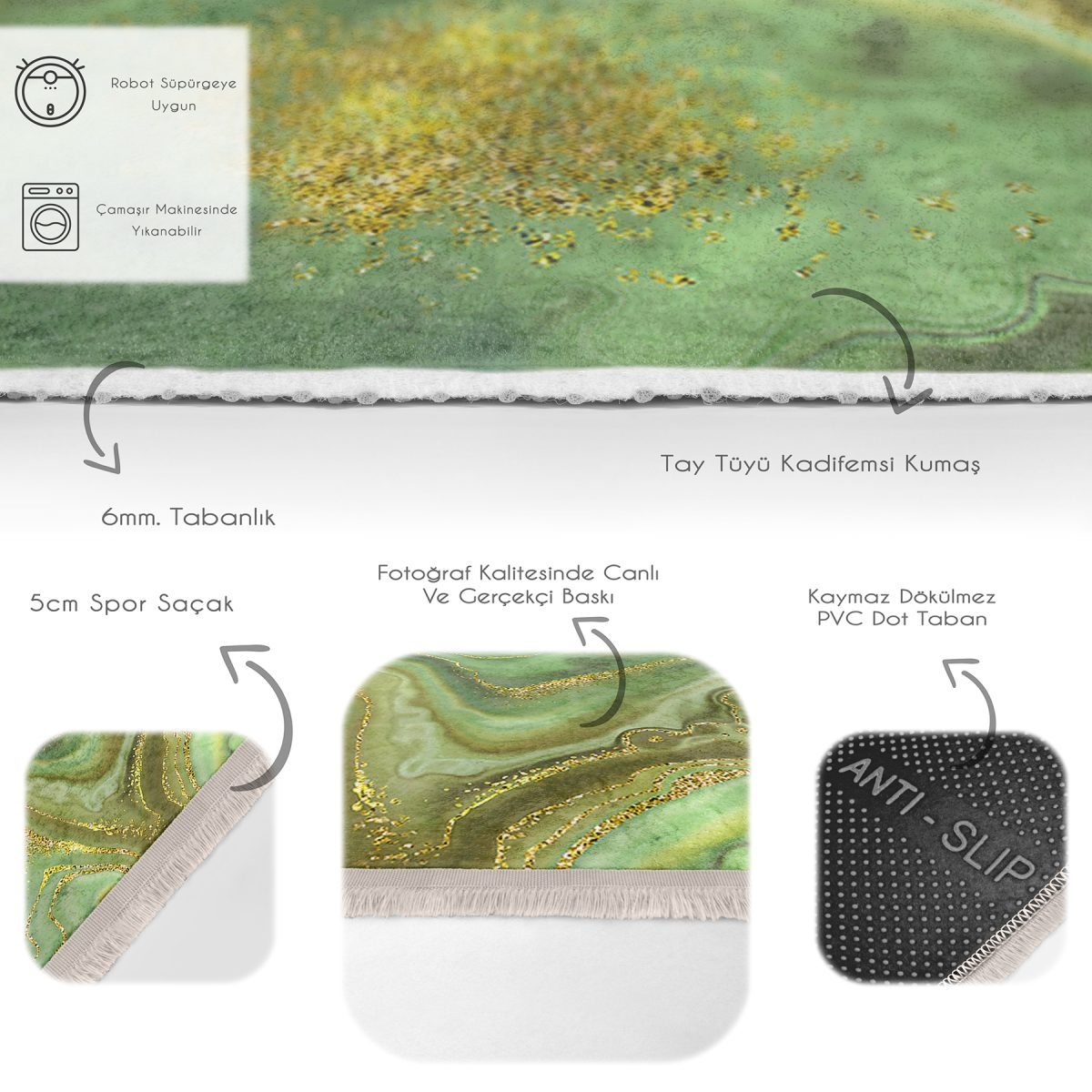 Gold - Yeşil Zeminde Kanvas Motifli Altın Desenli Modern Sade & Şık Dış Mekan & Outdoor Banyo Dijital Baskılı Makinede Yıkanabilir Kaymaz Taban Saçaklı Halı Realhomes