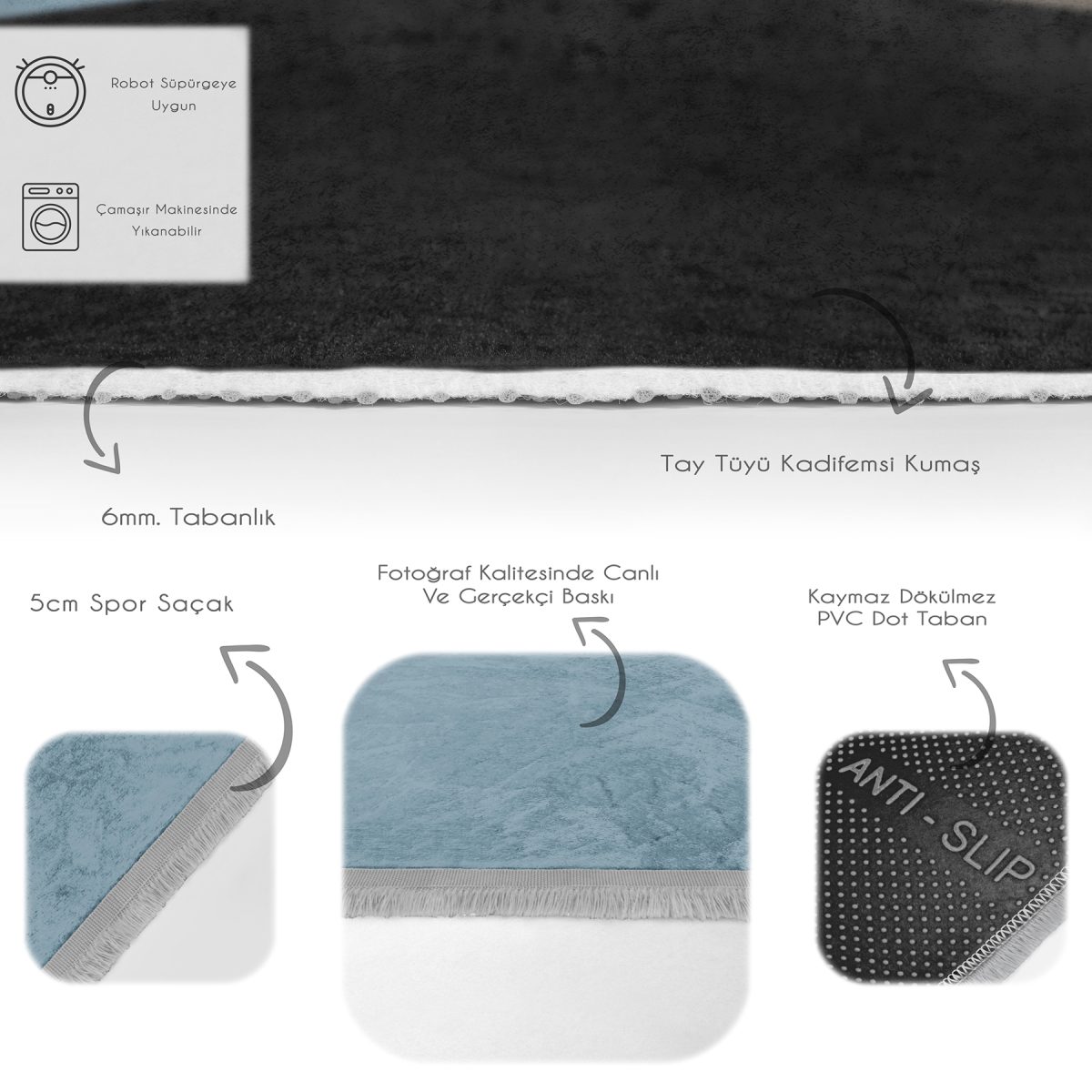 Siyah - Mavi Zeminde Üçgen Motifli Geometrik Desenli Geometrik Klasik Banyo Ofis Dijital Baskılı Makinede Yıkanabilir Kaymaz Taban Saçaklı Halı Realhomes