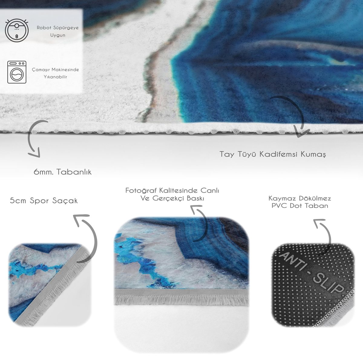 Lacivert - Beyaz Zeminde Kanvas Motifli Boyama Desenli Modern Sade & Şık Banyo Balkon Dijital Baskılı Makinede Yıkanabilir Kaymaz Taban Saçaklı Halı Realhomes