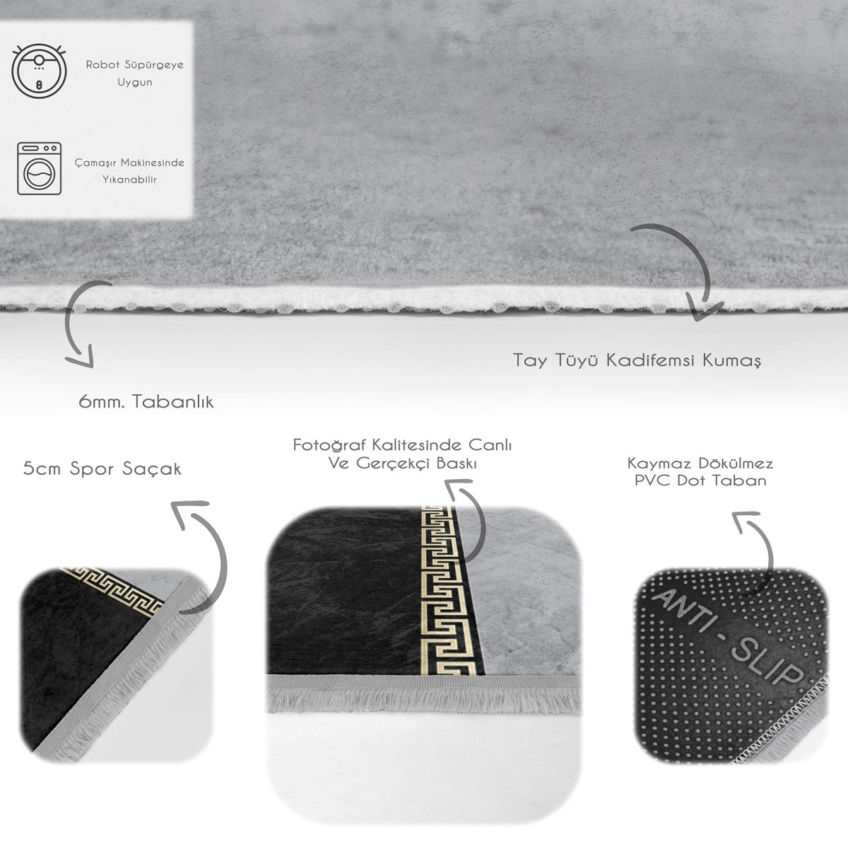 Gold - Siyah Zeminde Geometrik Motifli Klasik Desenli Geometrik Sade & Şık Ofis Koridor & Antre Dijital Baskılı Makinede Yıkanabilir Kaymaz Taban Saçaklı Halı Realhomes