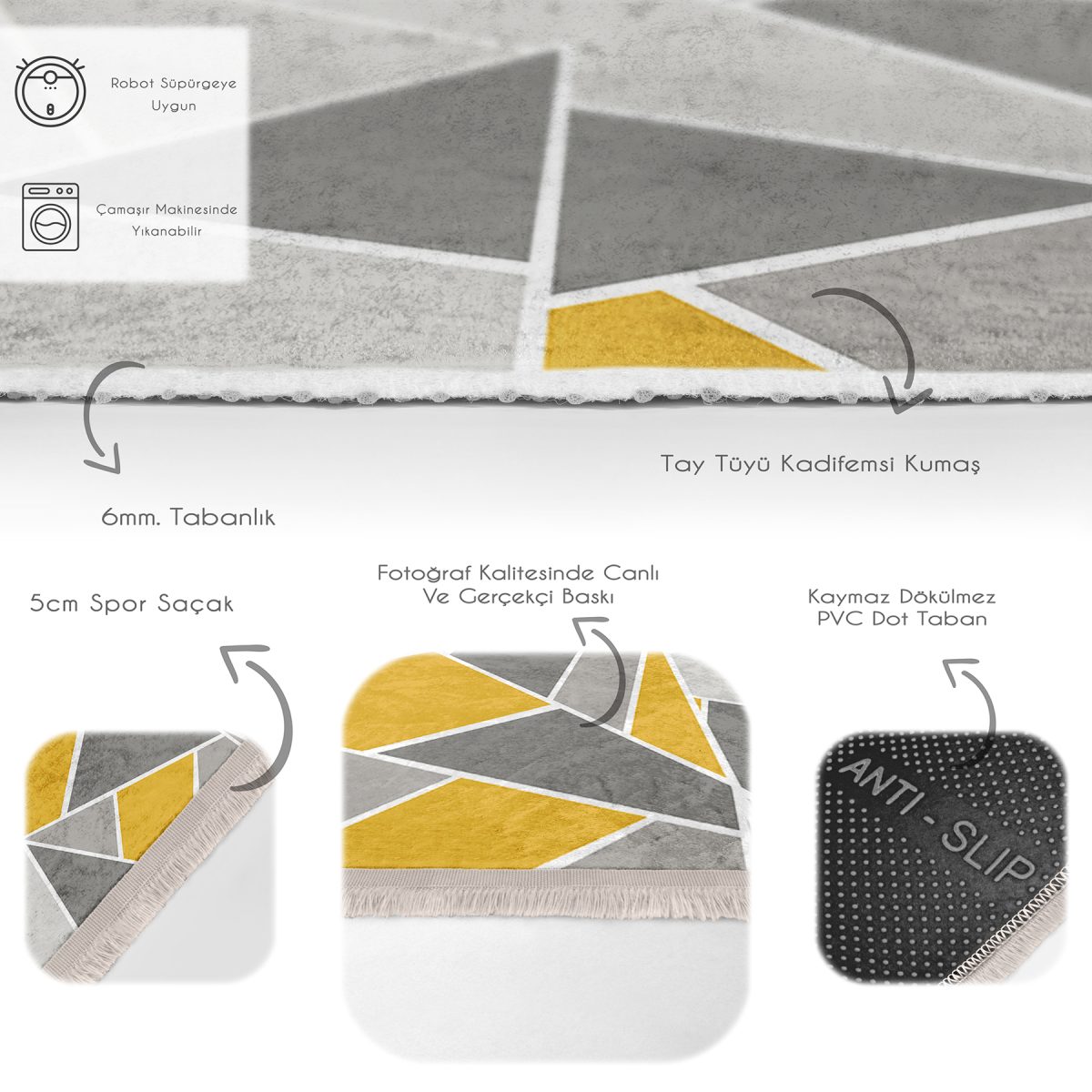 Gri - Sarı Zeminde Klasik Motifli Geometrik Desenli Geometrik Klasik Koridor & Antre Banyo Dijital Baskılı Makinede Yıkanabilir Kaymaz Taban Saçaklı Halı Realhomes