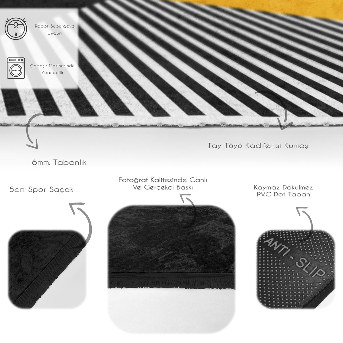 Sarı - Siyah Zeminde Modern Motifli Geometrik Desenli Geometrik Sade & Şık Salon & Oturma Odası Koridor & Antre Dijital Baskılı Makinede Yıkanabilir Kaymaz Taban Saçaklı Halı Realhomes