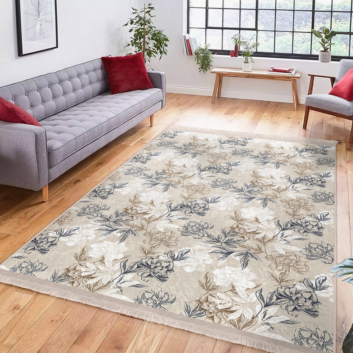 Ekru - Gri Zeminde Floral Motifli Çiçek Desenli Floral Klasik Koridor & Antre Salon & Oturma Odası Dijital Baskılı Makinede Yıkanabilir Kaymaz Taban Saçaklı Halı Realhomes