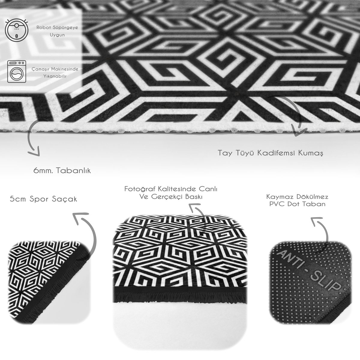 Siyah Beyaz Zeminde Geometrik Motifli Mozaik Desenli Geometrik Sade & Şık Ofis Koridor & Antre Dijital Baskılı Makinede Yıkanabilir Kaymaz Taban Saçaklı Halı Realhomes