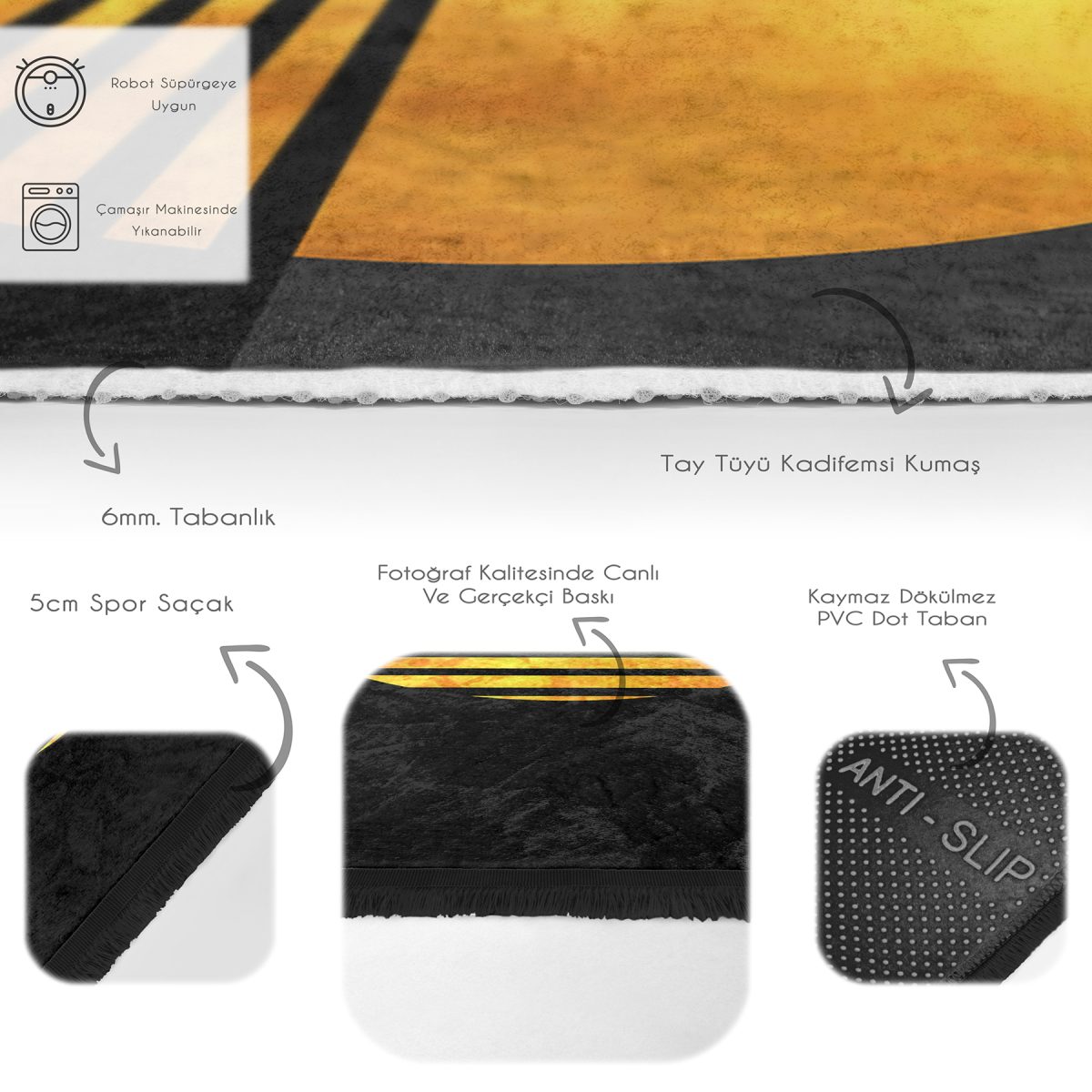 Gold - Siyah Zeminde Kanvas Motifli Güneş Desenli Modern Geometrik Salon & Oturma Odası Dış Mekan & Outdoor Dijital Baskılı Makinede Yıkanabilir Kaymaz Taban Saçaklı Halı Realhomes